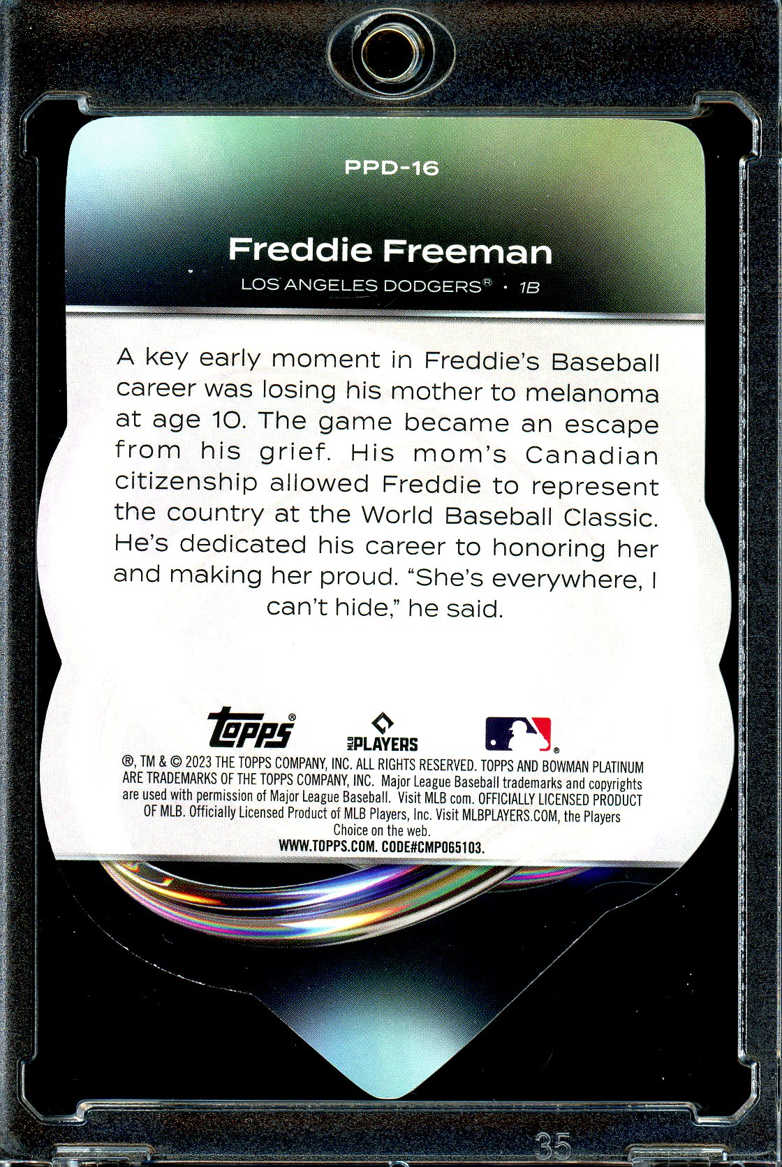 Freddie Freeman 2023 Bowman Platinum #PPD-16 Platinum Plating Die Cuts Gold #/50