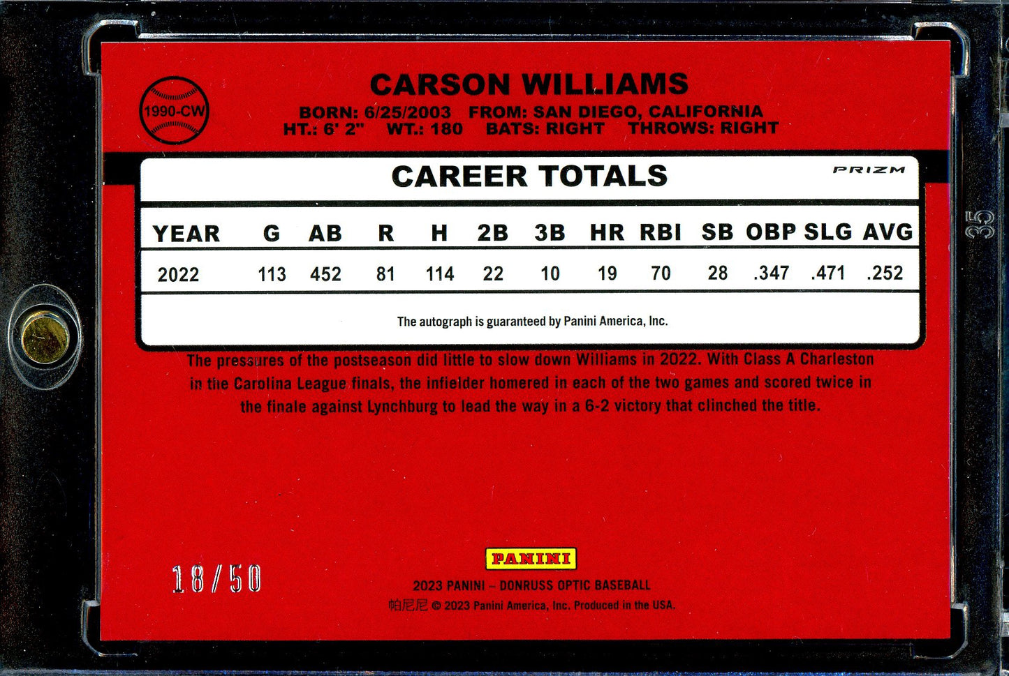 Carson Williams 2023 Donruss #1990-CW Optic Retro 1990 Auto Lime Green /50