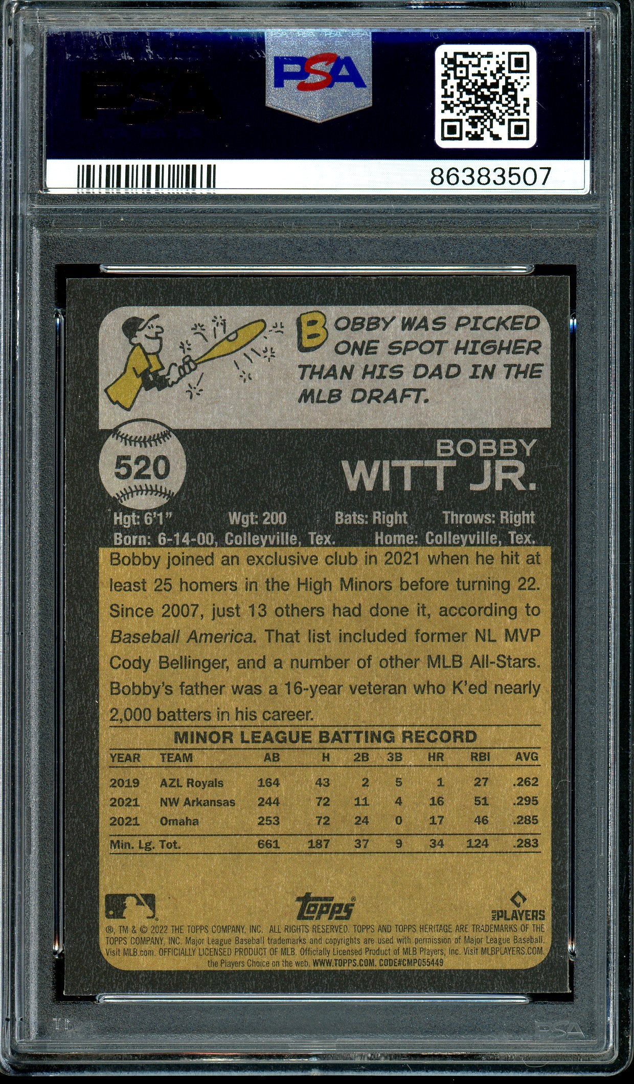 Bobby Witt Jr. 2022 Topps Heritage #520 Chrome Purple Refractor PSA 9