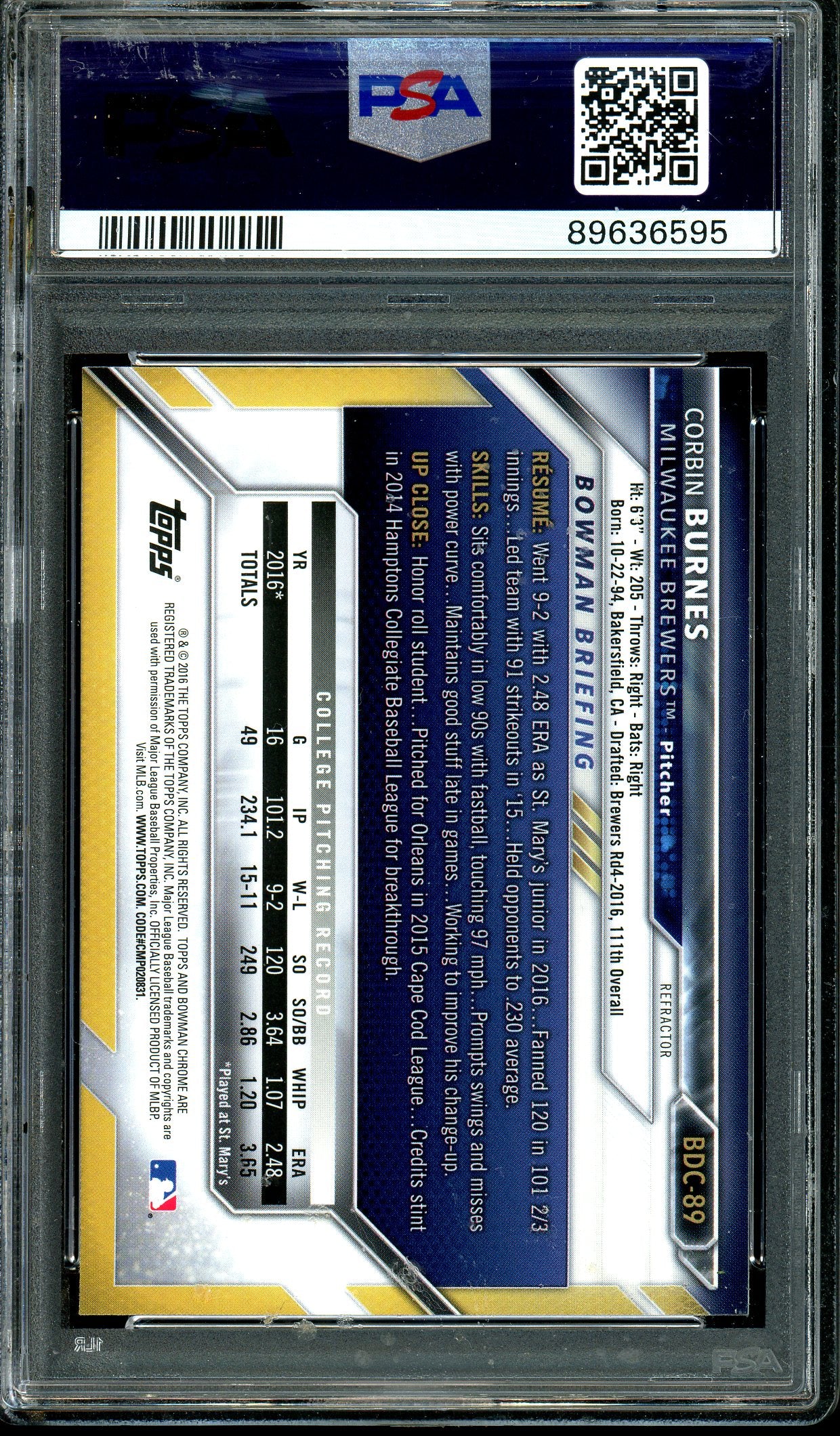 Corbin Burnes 2016 Bowman Draft #BDC-89 Chrome Refractor PSA 9