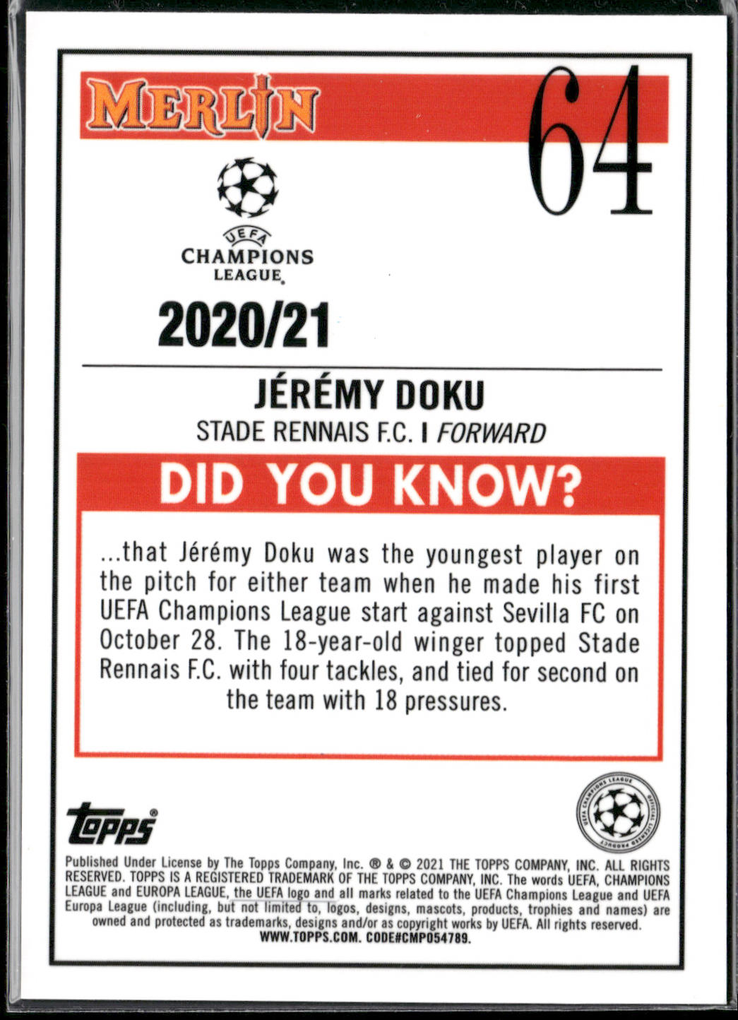 Jeremy Doku 2020-21 Merlin Chrome UEFA Champions League #64 Aqua Prism