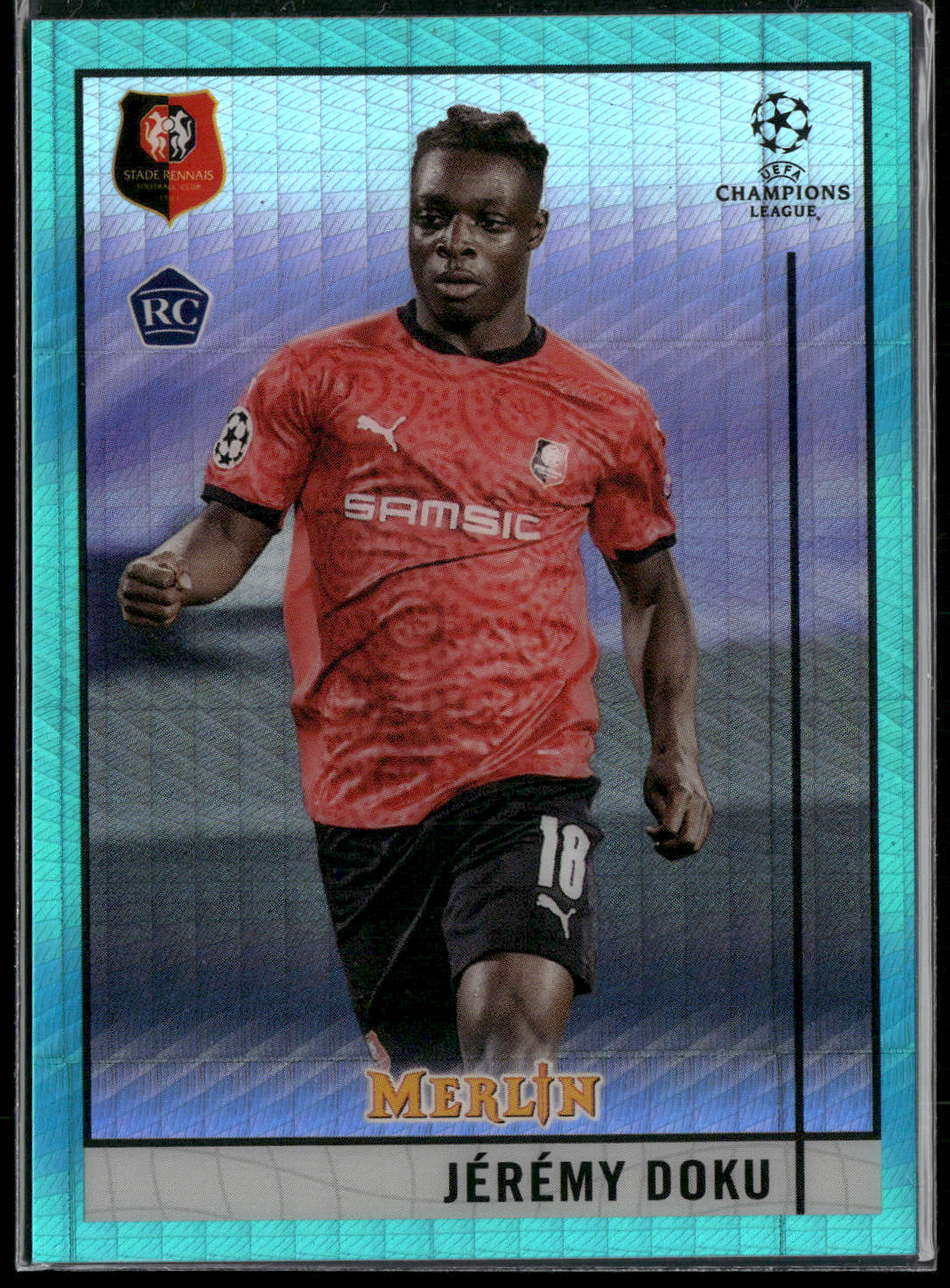 Jeremy Doku 2020-21 Merlin Chrome UEFA Champions League #64 Aqua Prism