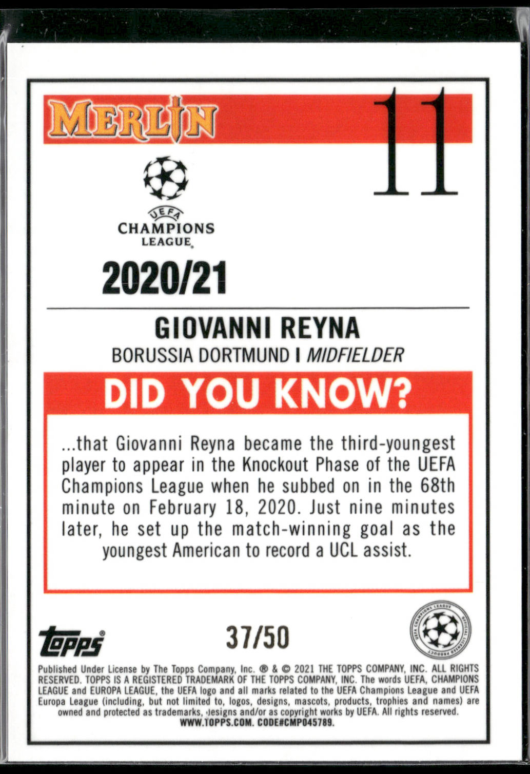 Giovanni Reyna 2021-22 Topps Bundesliga #52 Gold Foilboard #/50