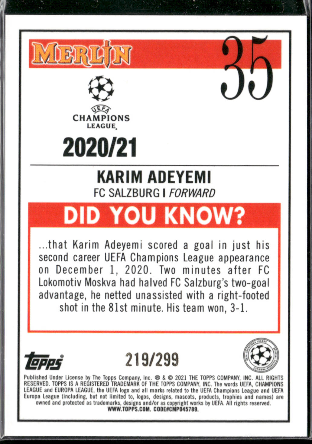 Karim Adeyemi 2020-21 Merlin Chrome UEFA Champions League #35 Purple #/299