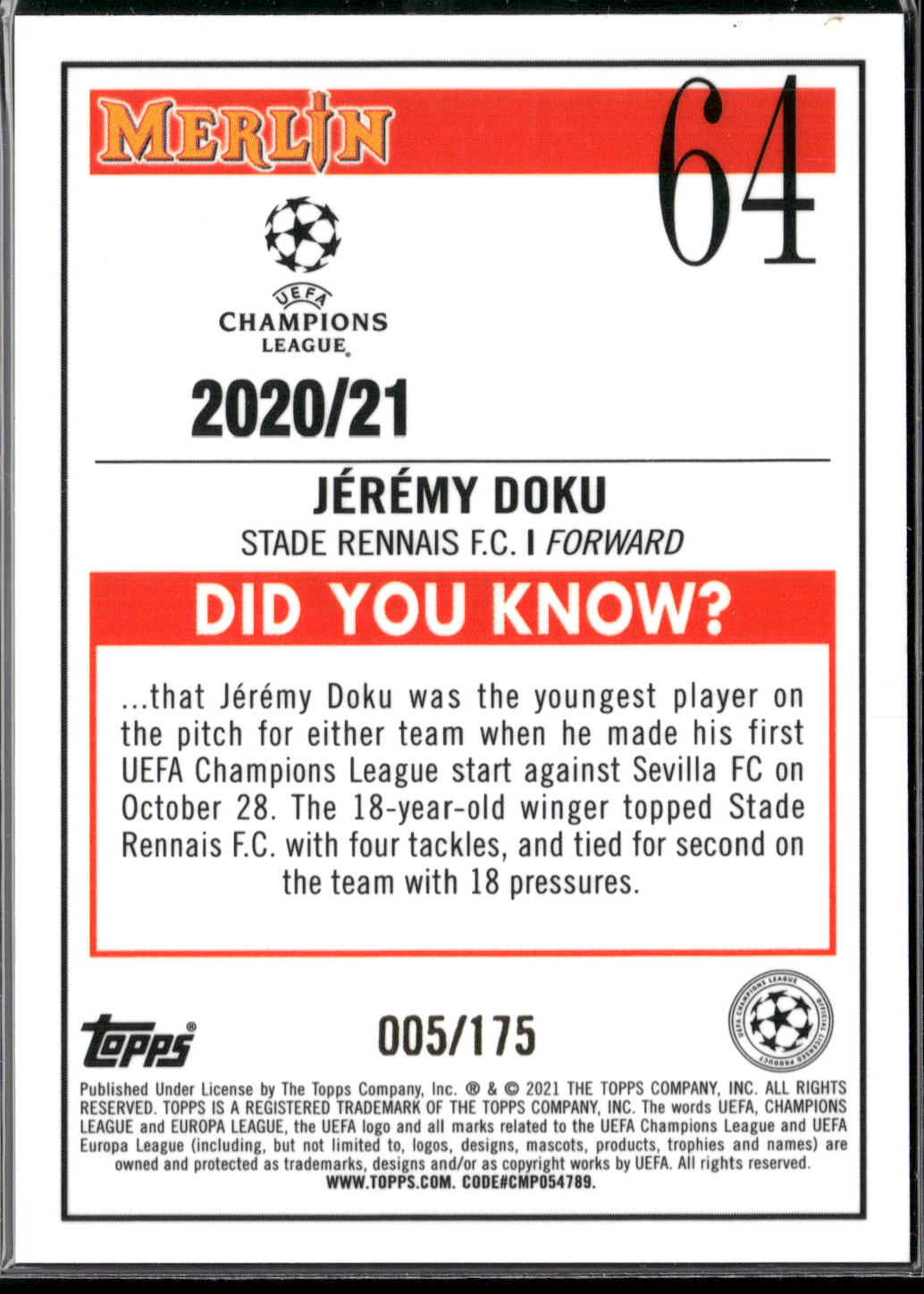 Jérémy Doku 2020-21 Merlin Chrome UEFA Champions League #64 Aqua Speckle #/175