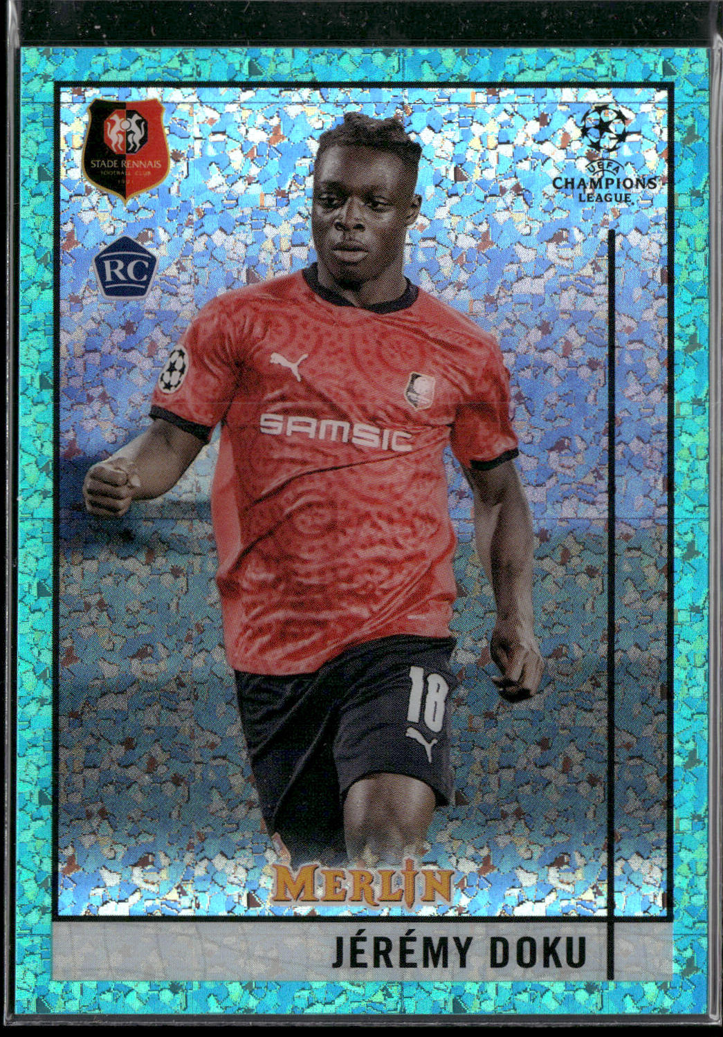 Jérémy Doku 2020-21 Merlin Chrome UEFA Champions League #64 Aqua Speckle #/175