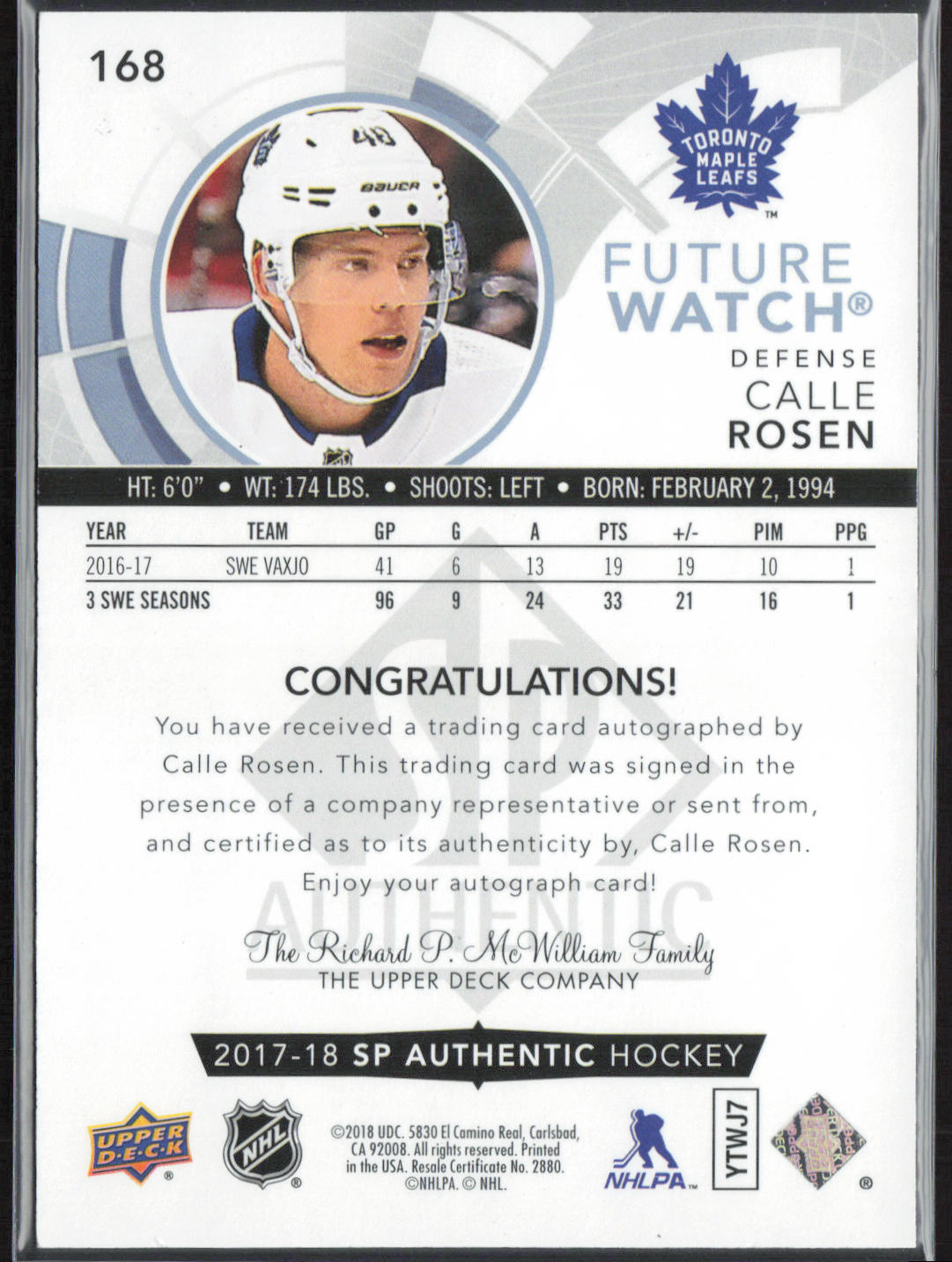 Calle Rosen 2019-20 SP Authentic #168 2017-18 SP Authentic Update II #/999