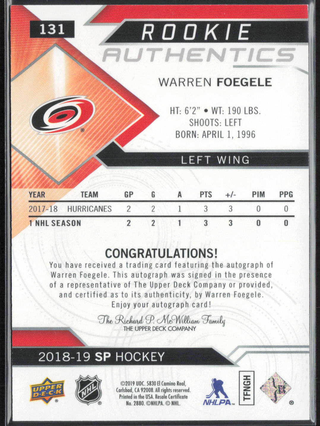 Warren Foegele 2018-19 SP #131 Rookie Authentics Signatures