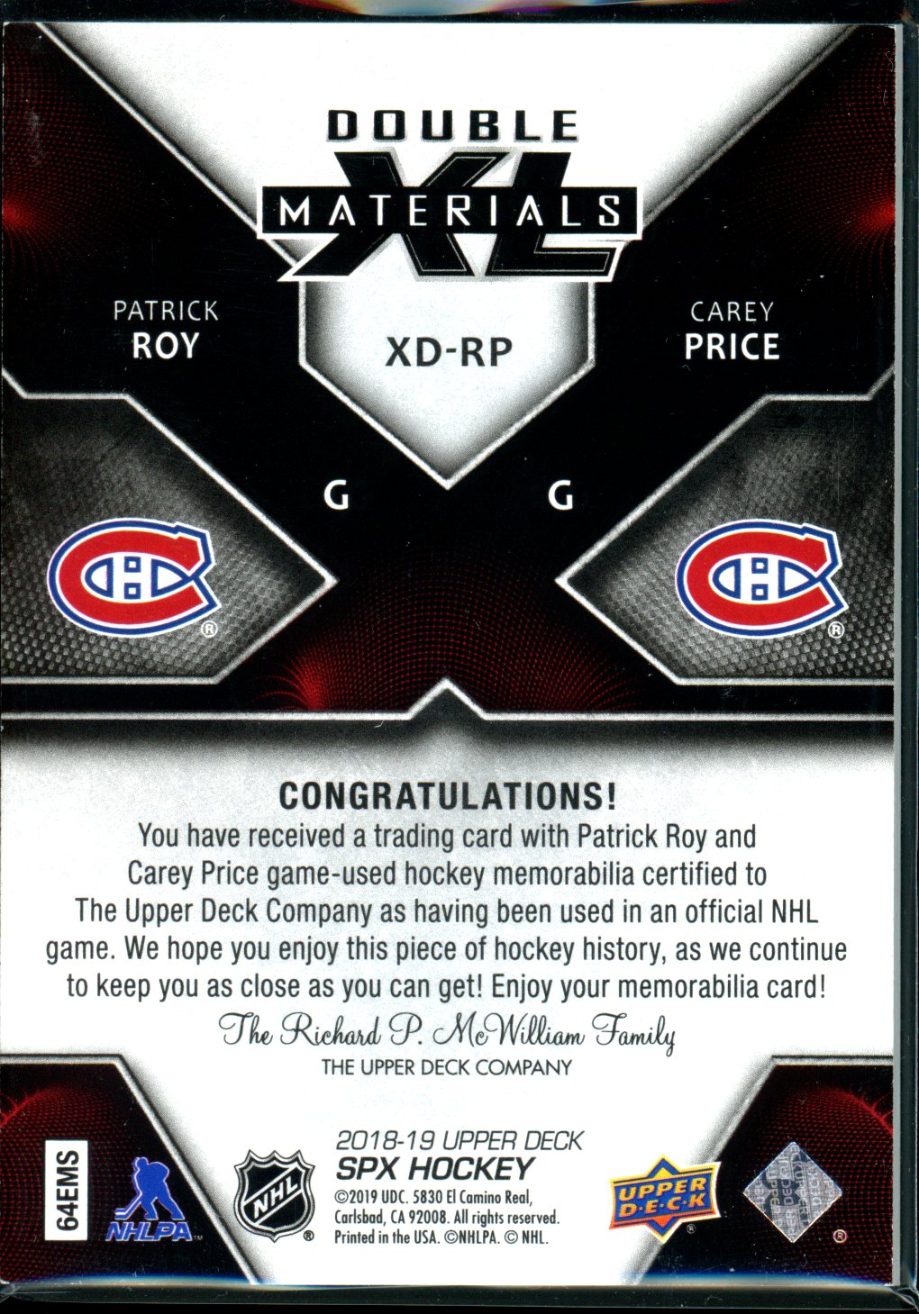 Patrick Roy / Carey Price 2018-19 SPx #XD-RP Double XL Duos Materials #/99