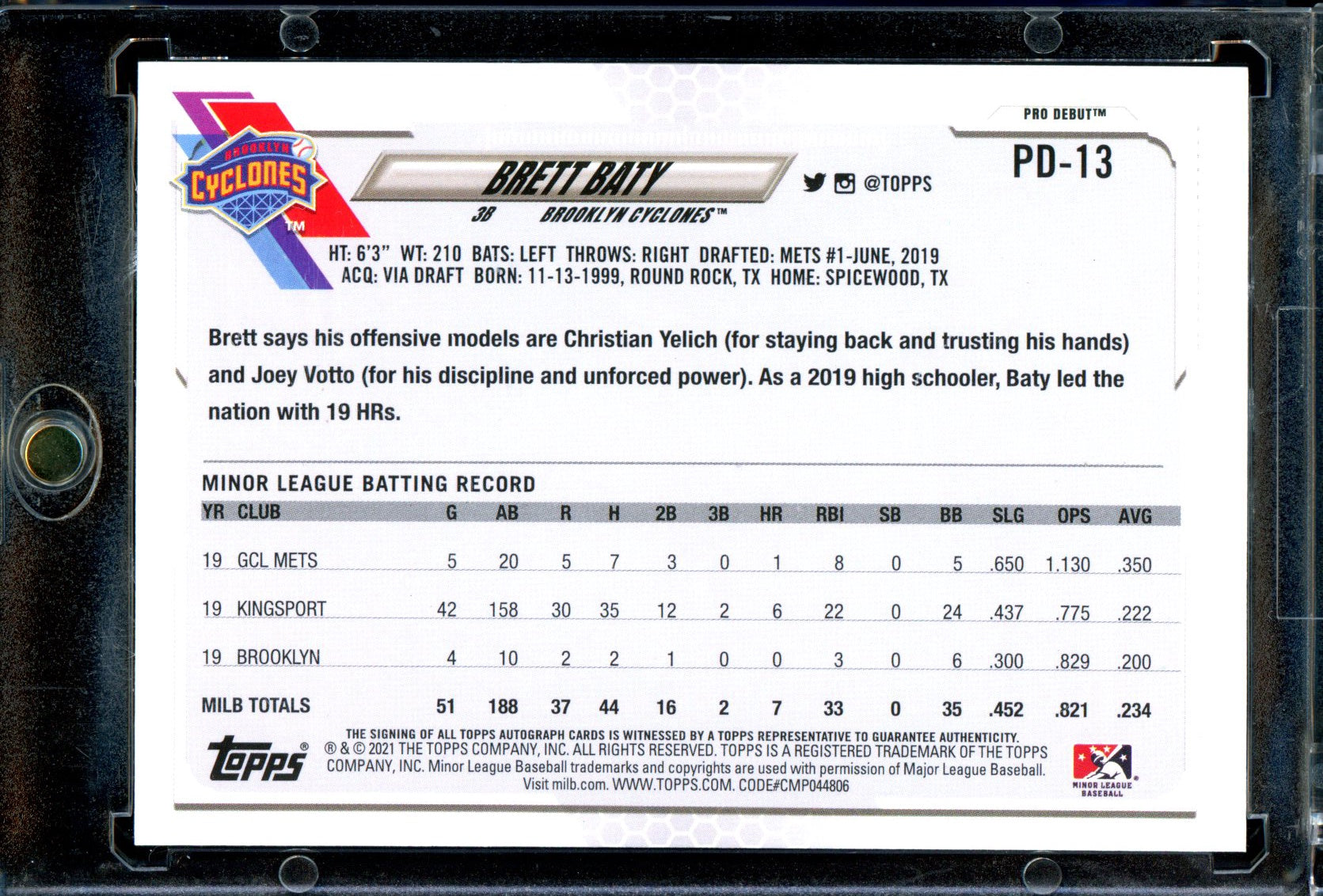 Brett Baty 2021 Topps Pro Debut #PD-13 Autographs