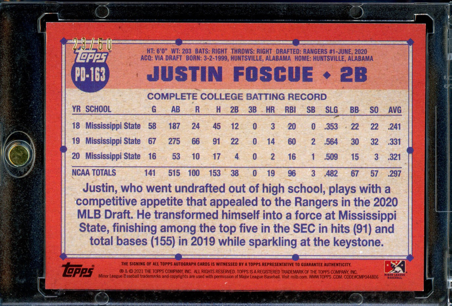 Justin Foscue 2021 Topps Pro Debut #PD-163 Autographs Gold