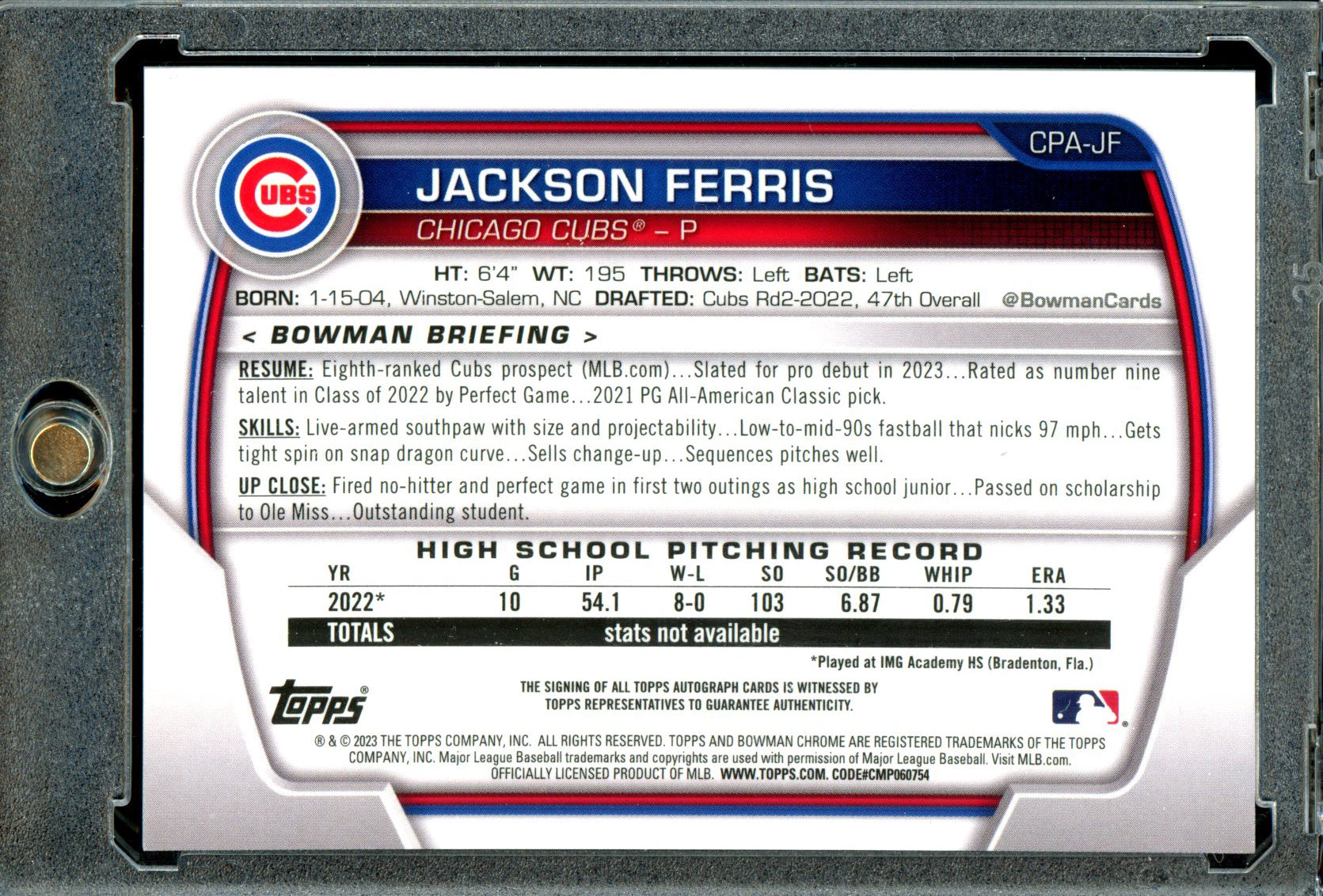 Jackson Ferris 2023 Bowman #CPA-JF Chrome Prospect Autographs