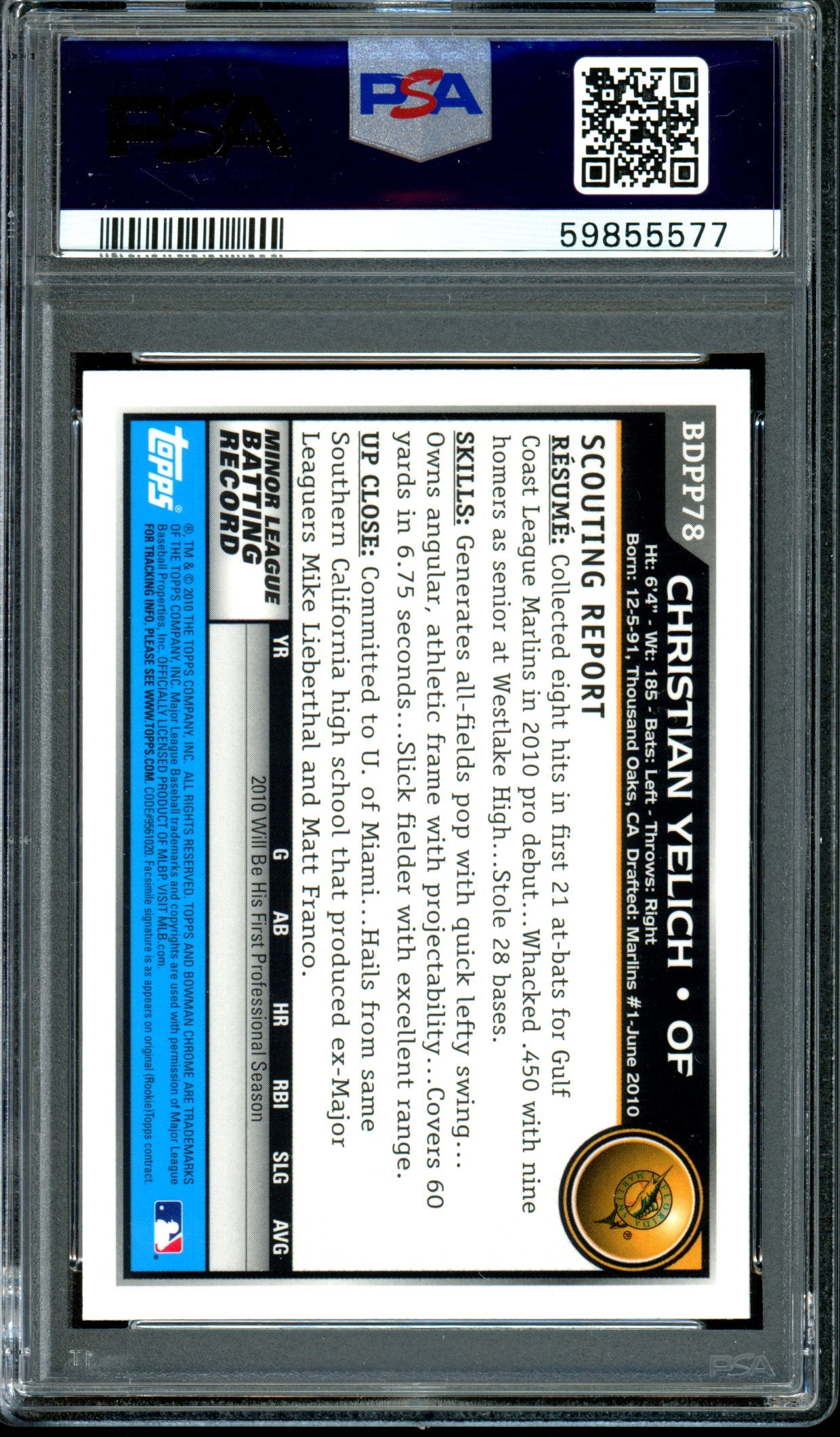 Christian Yelich 2010 Bowman Draft Picks & Prospects #BDPP78 PSA 10