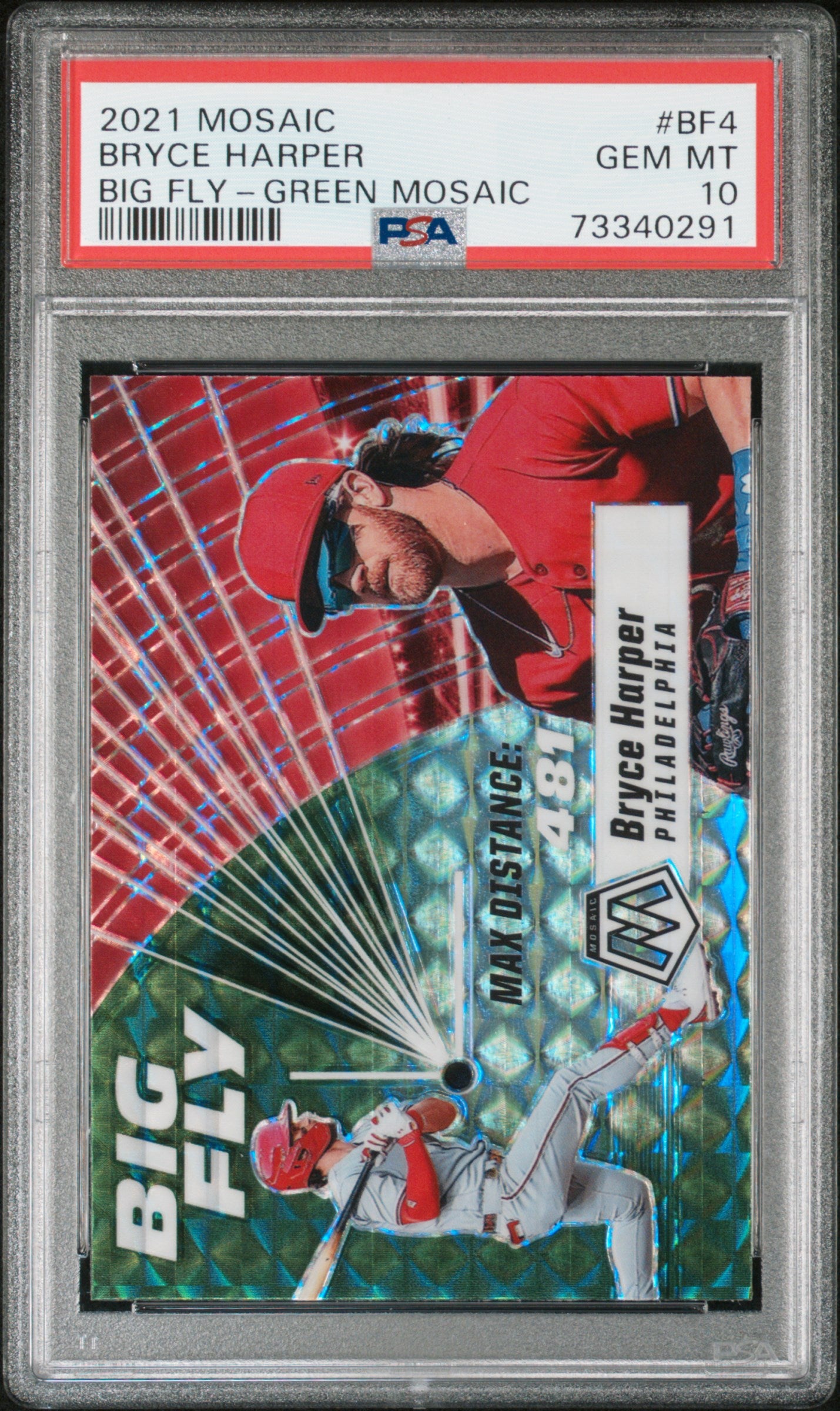 Bryce Harper 2021 Panini Mosaic Big Fly #BF4 Big Fly-Green Mosaic PSA 10