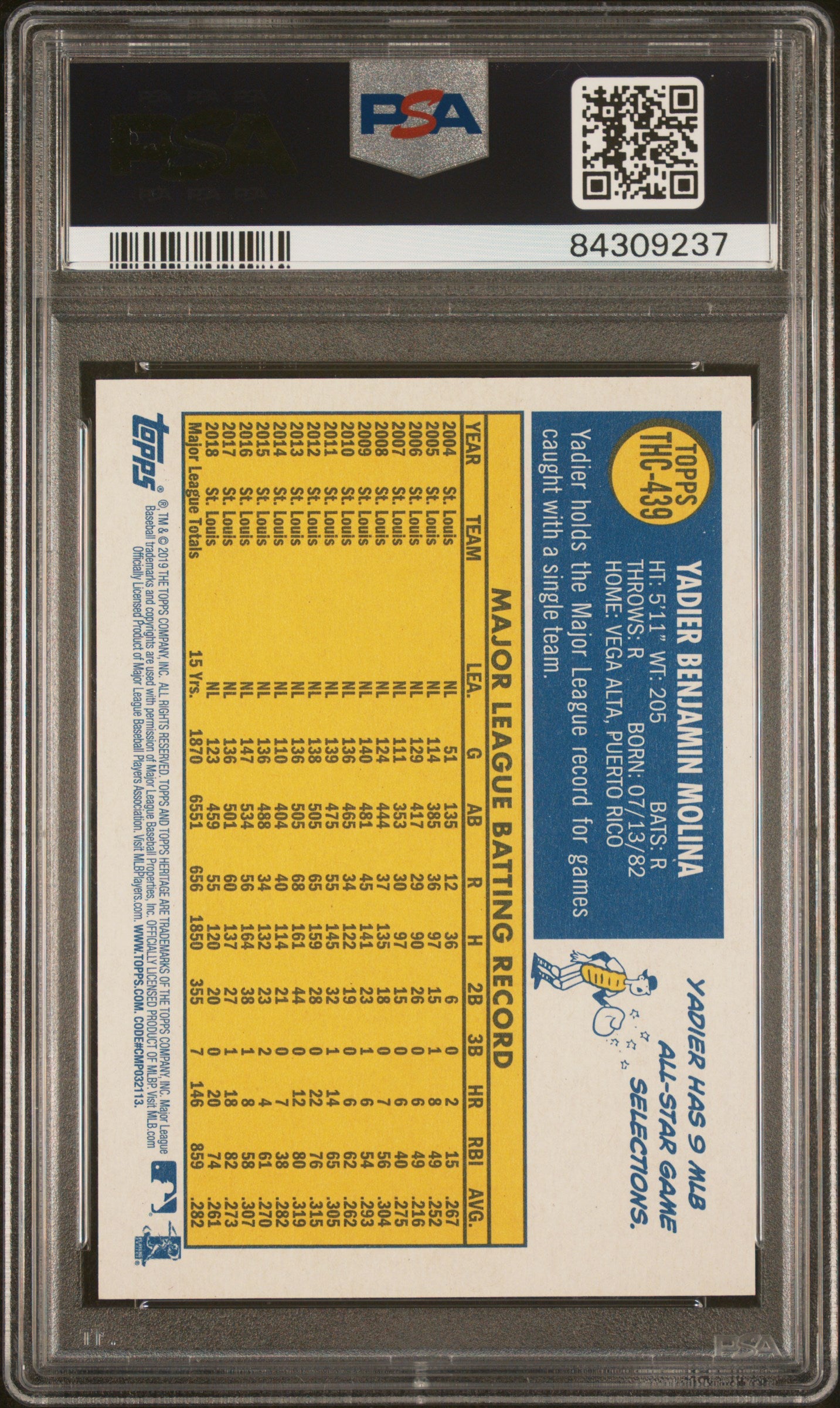 Yadier Molina 2019 Topps Heritage #439 Chrome-Purple Ref. PSA 10 #/70