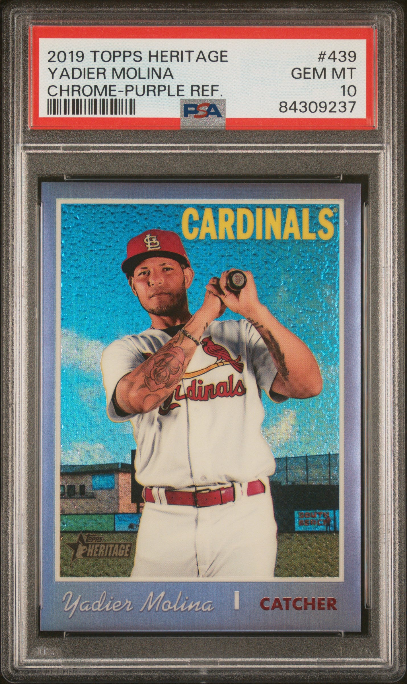 Yadier Molina 2019 Topps Heritage #439 Chrome-Purple Ref. PSA 10 #/70