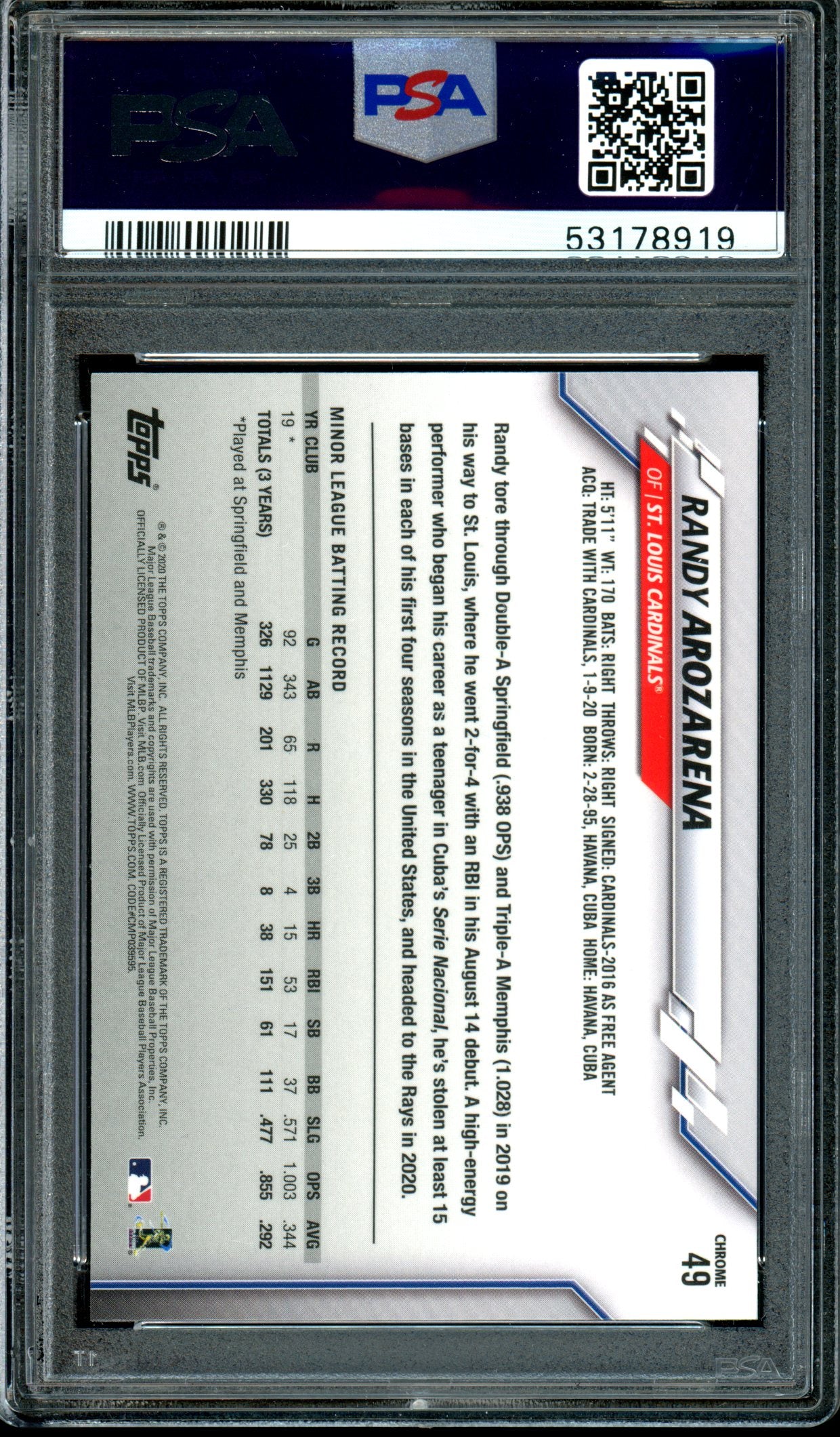 Randy Arozarena 2020 Topps Chrome #49 PSA 10