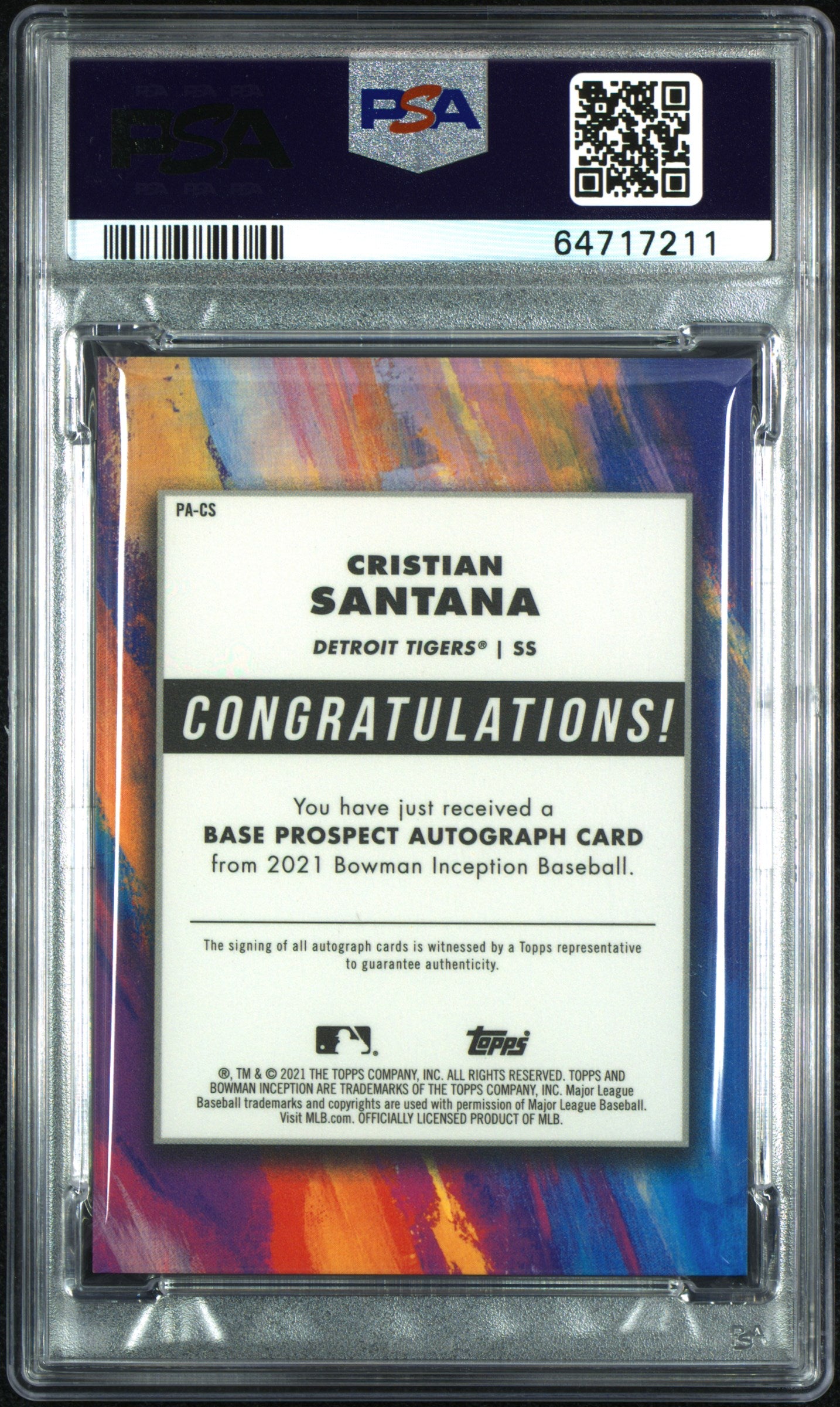 Cristian Santana 2021 Bowman Inception Auto #PACS Gold Foil PSA 9