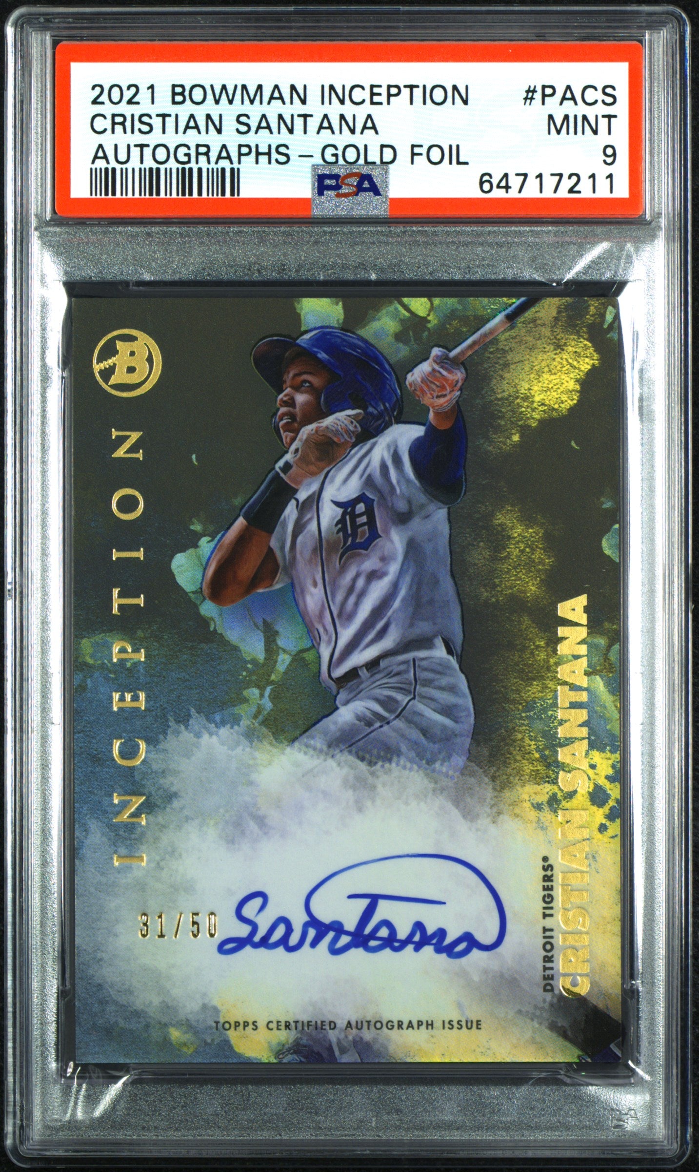 Cristian Santana 2021 Bowman Inception Auto #PACS Gold Foil PSA 9