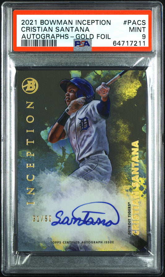 Cristian Santana 2021 Bowman Inception Auto #PACS Gold Foil PSA 9