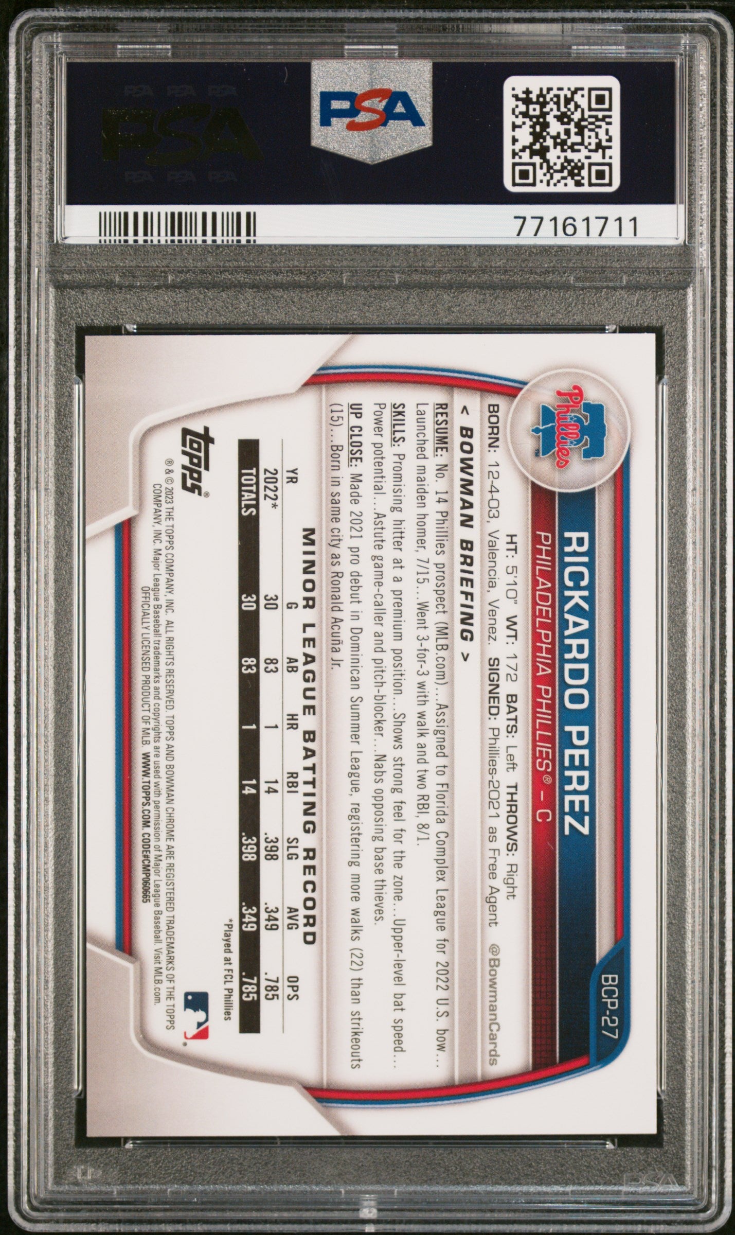 2023 Bowman Chrome Prospects #BCP27 Rickardo Perez Ylw Crater Ref PSA 9 /75