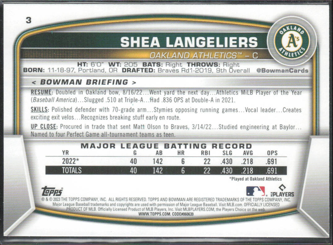 Shea Langeliers 2023 Bowman - Yellow #3 /75