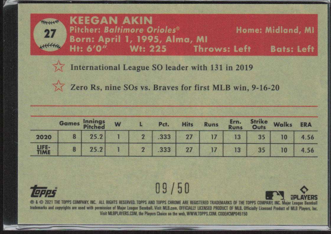 Keegan Akin 2021 Topps Chrome Rose Gold 70th Anniversary Wave Refractor #27  /50