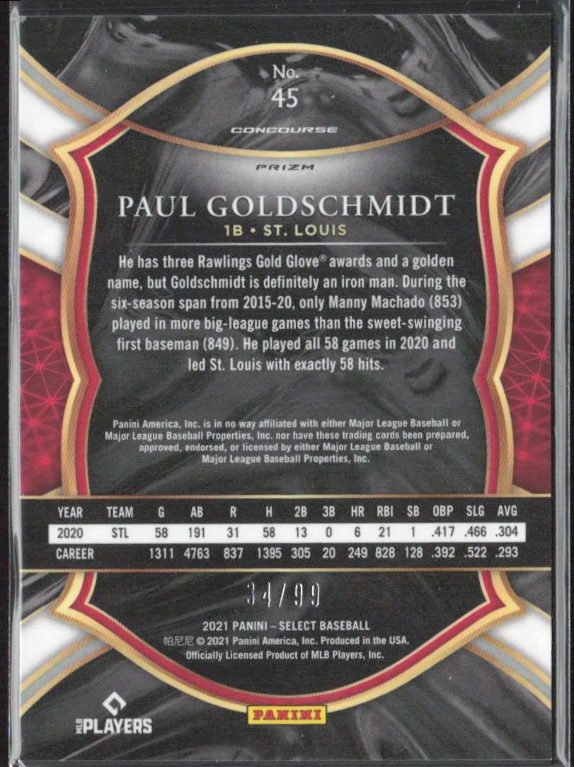 Paul Goldschmidt 2021 Panini Select #45 Neon Green Prizm #/99