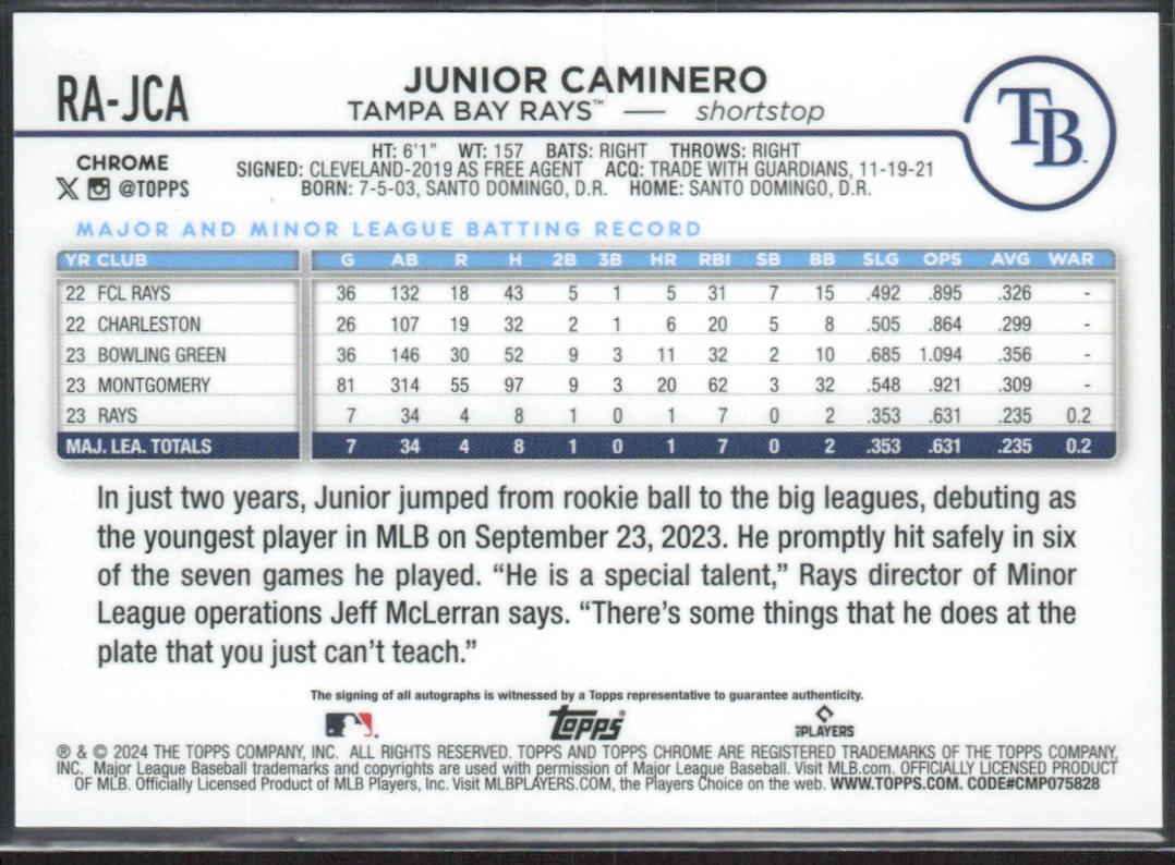 Junior Caminero 2024 Topps Chrome #RA-JCA Rookie Autographs