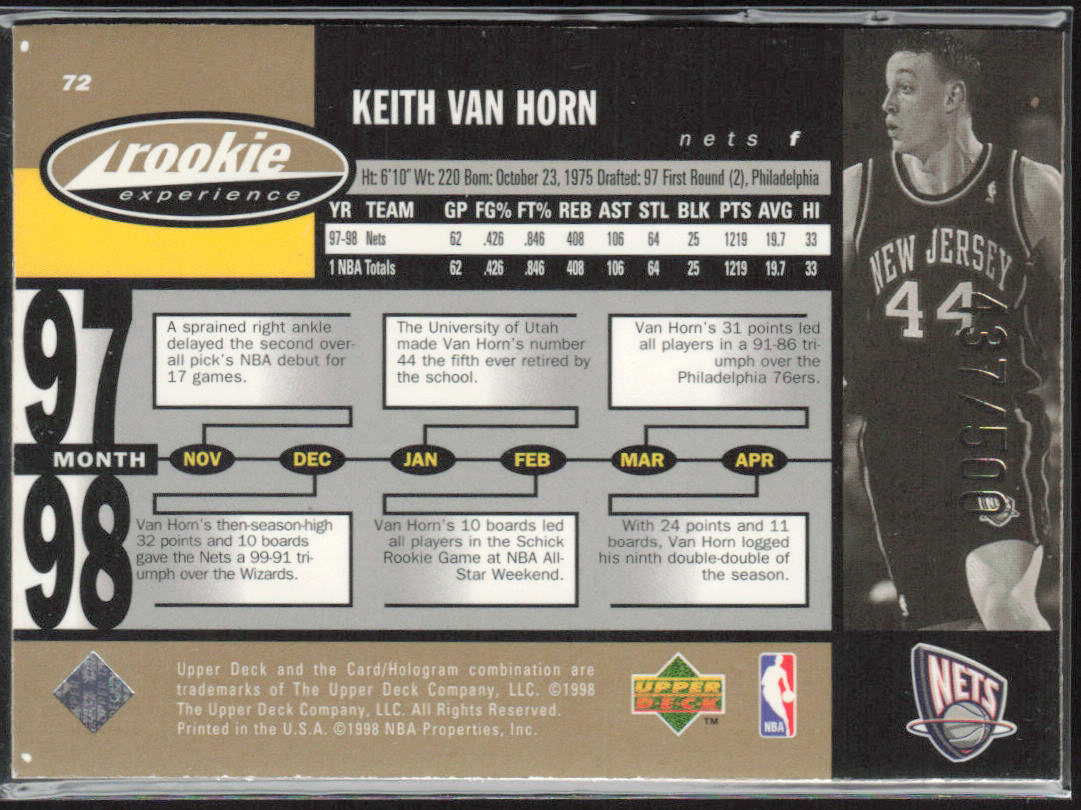 Keith Van Horn 1998 Upper Deck Hardcourt #72 Home Court Advantage Plus #/500