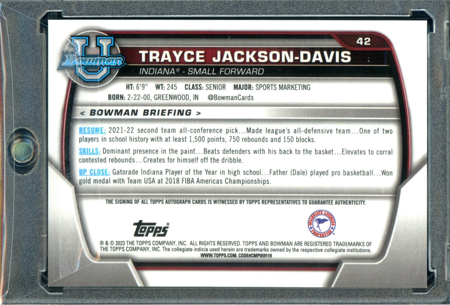 Trayce Jackson-Davis 2022-23 Bowman U Chrome #42 Chrome Prospect Autographs