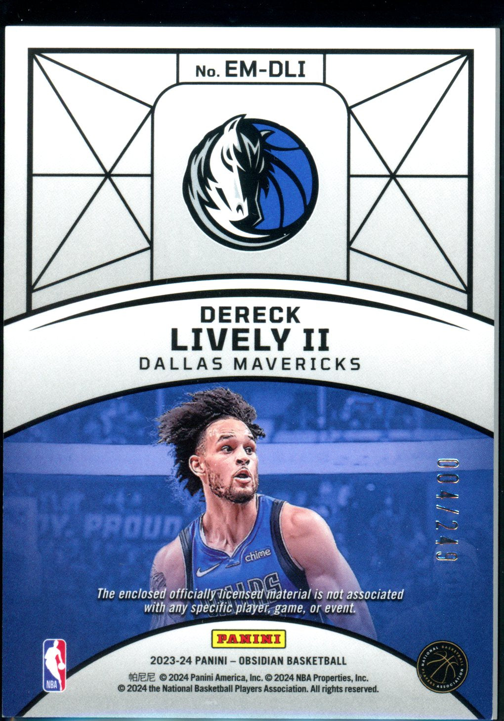 Dereck Lively II 2023-24 Panini Obsidian #EM-DLI Eclipse Materials #/249