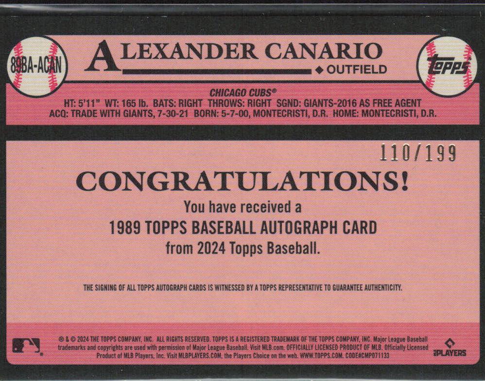 Alexander Canario 2024 Topps #89BA-ACAN Auto Black /199