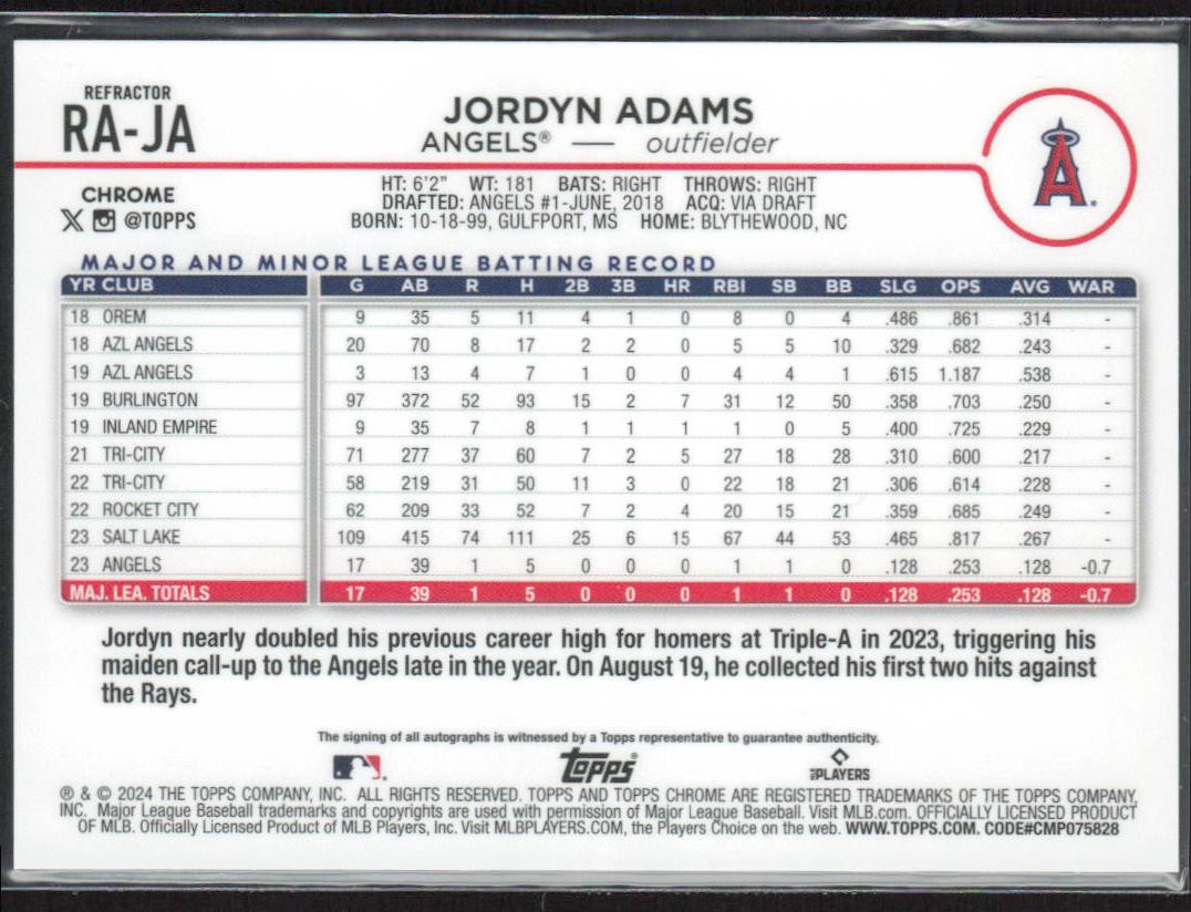 Jordyn Adams 2024 Topps Chrome #RA-JA Rookie Autographs Refractor