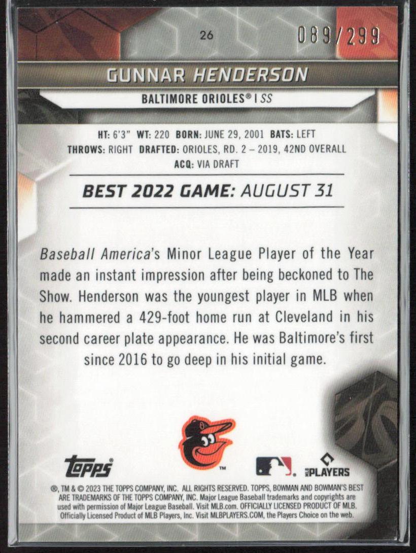 Gunnar Henderson 2023 Bowman's Best #26 Mini-Diamond Refractors #/299