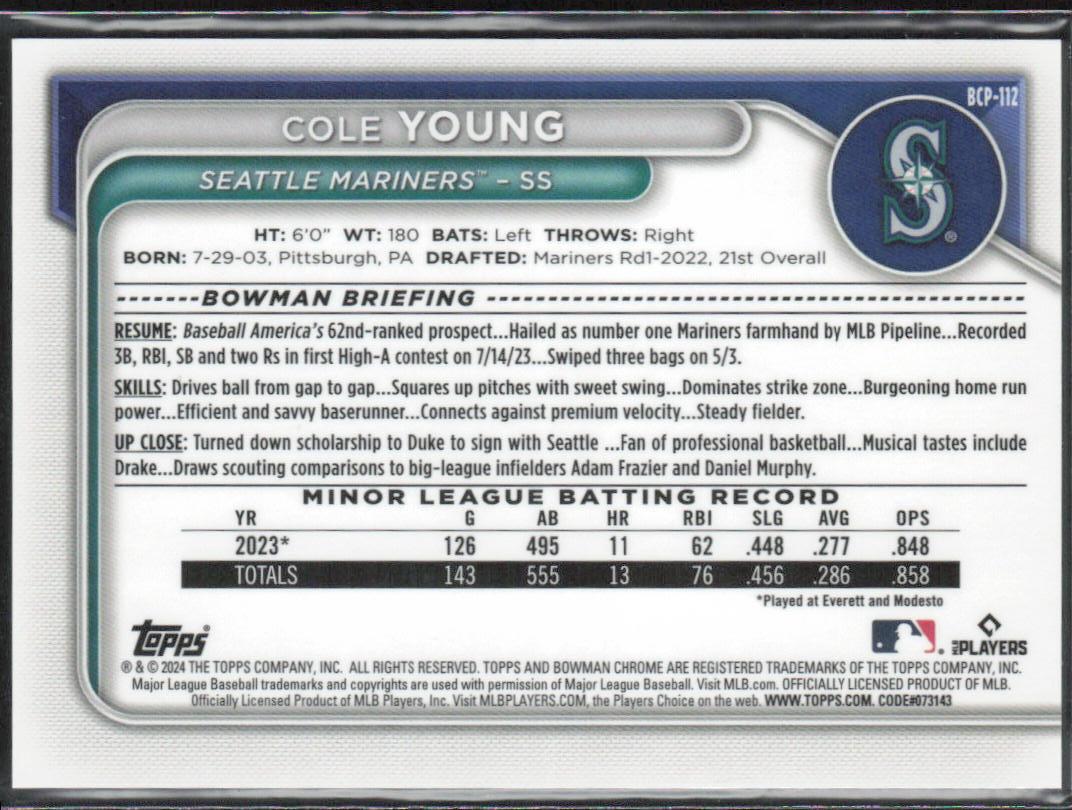 Cole Young 2024 Bowman #BP-112 Prospects Red #/5