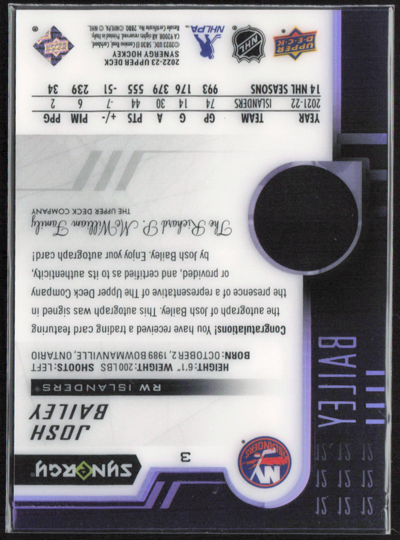 Josh Bailey 2022-23 Upper Deck Synergy #3 Auto /49