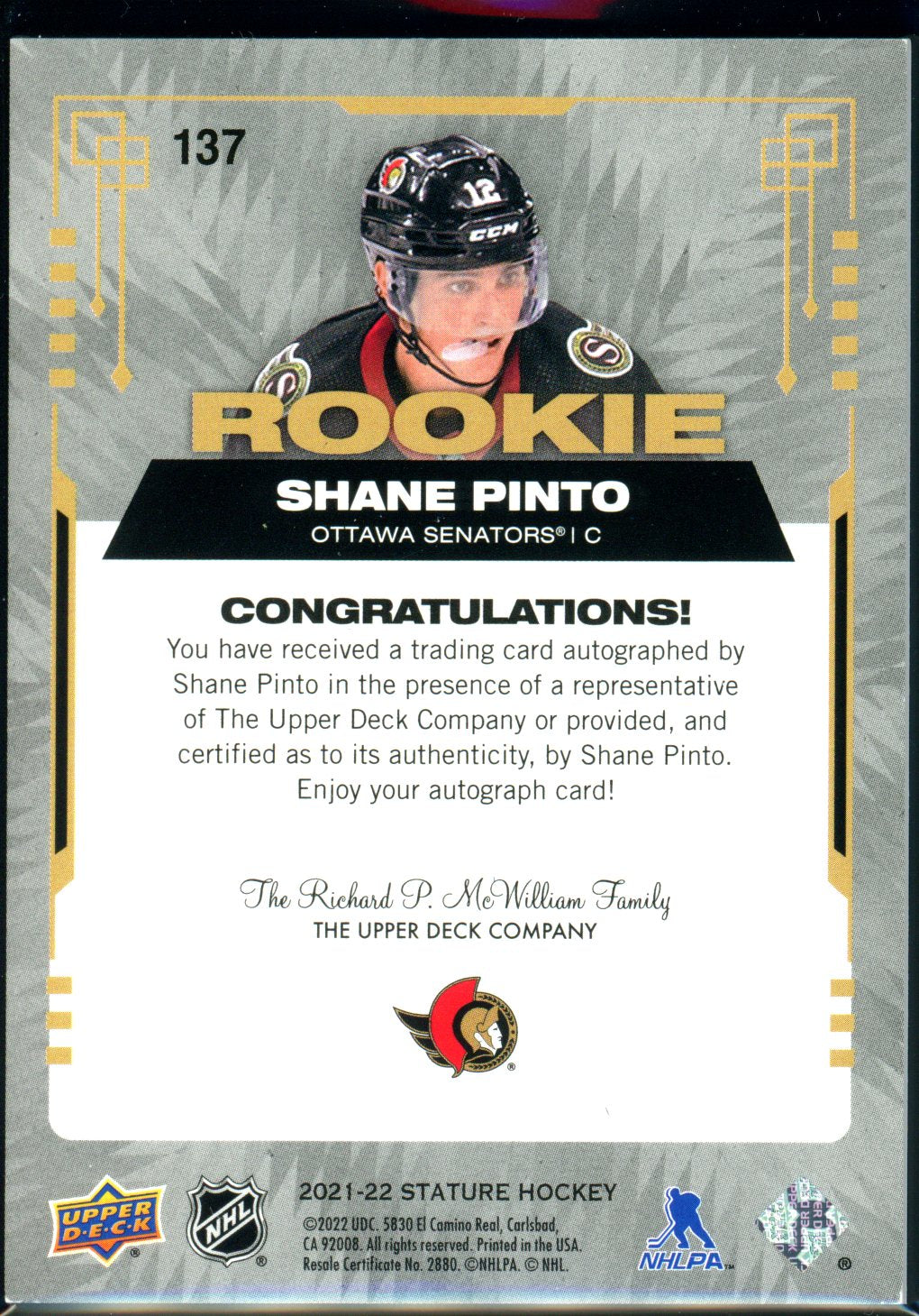 Shane Pinto 2021-22 Upper Deck Stature #137 Autographs #/199