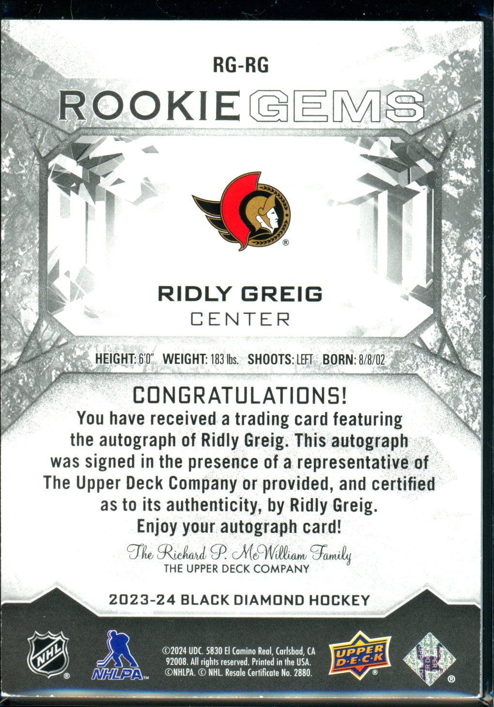 Ridly Greig 2023-24 Upper Deck Black Diamond #RG-RG Rookie Gems Signatures #/99