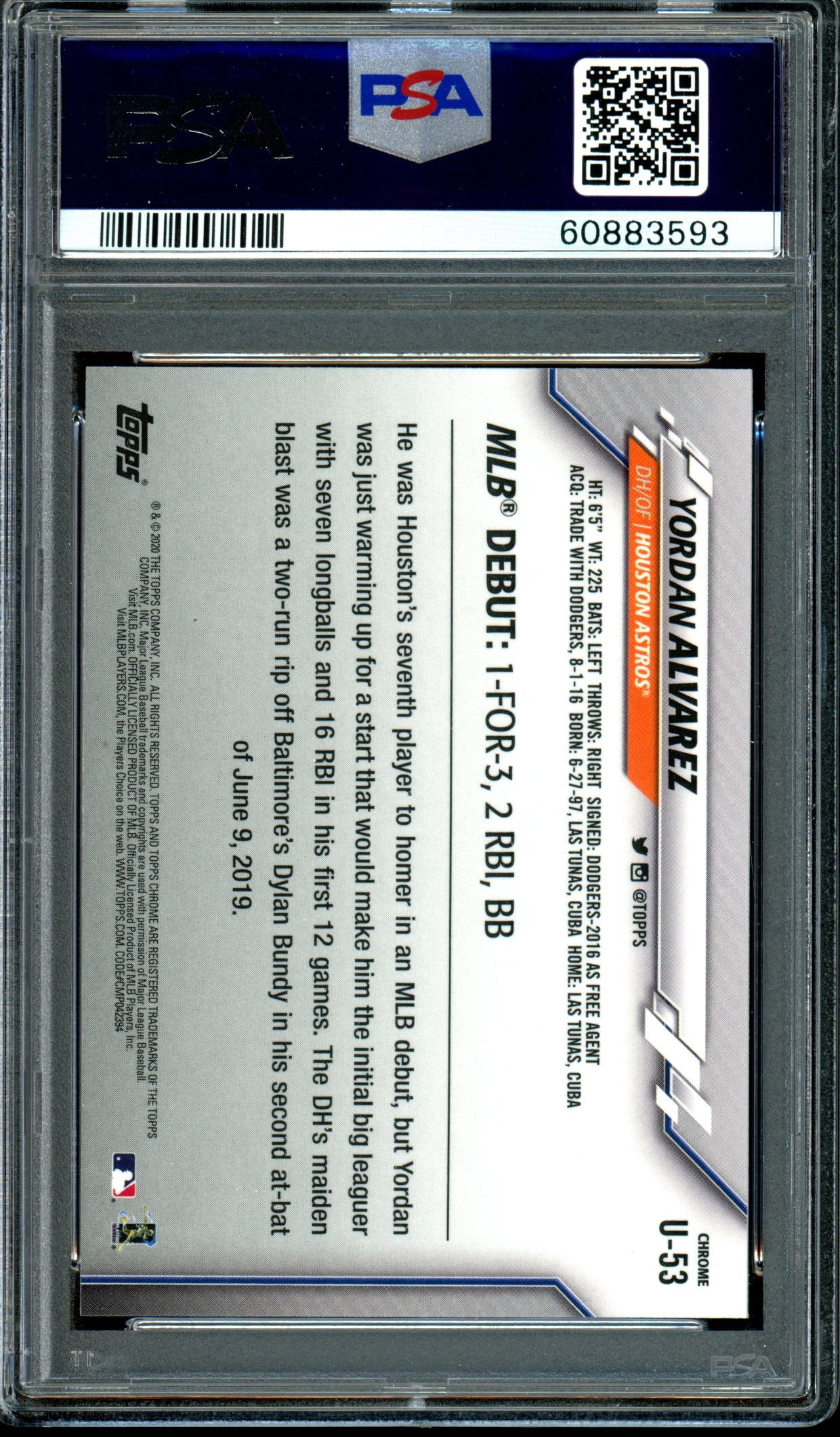 Yordan Alvarez 2020 Topps Chrome Update #U53 Update PSA 9