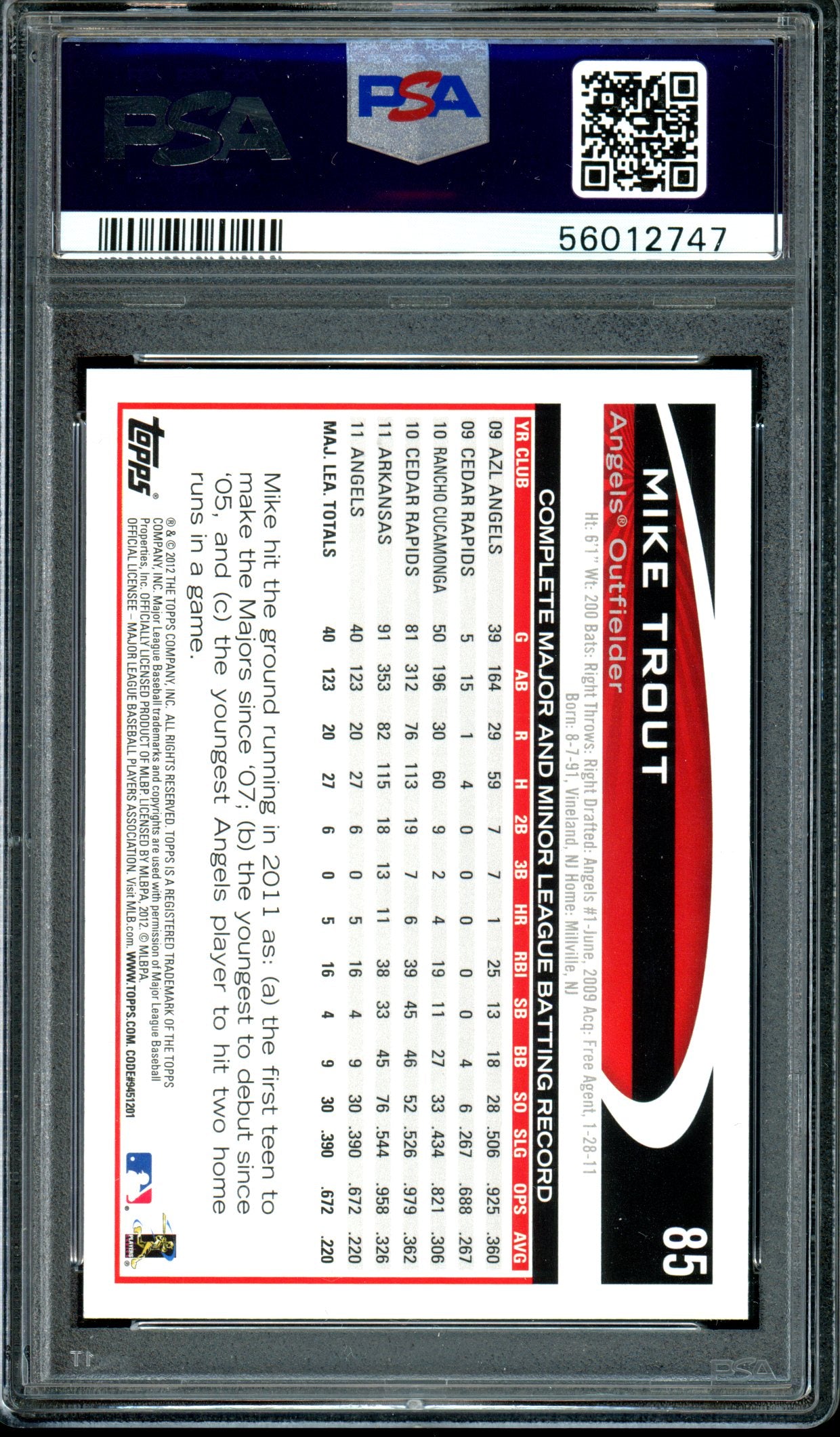 Mike Trout 2012 Topps Opening Day #85 PSA 10