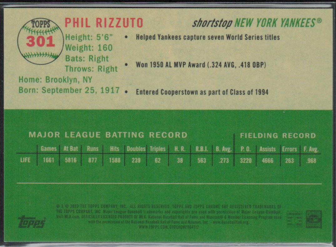 Phil Rizzuto 2023 Topps Chrome Platinum #301 Platinum Gold Refractor /50