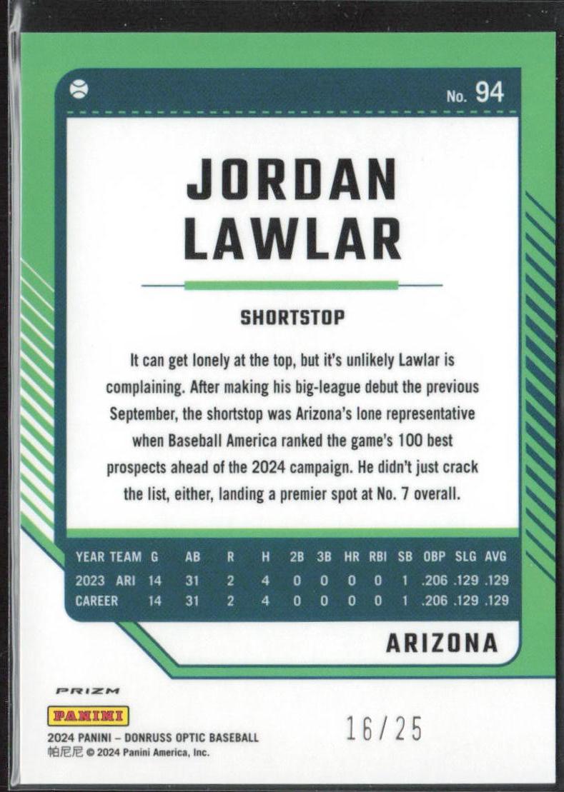 Jordan Lawlar 2024 Donruss #94 Optic Cracked Ice Prizm #/25