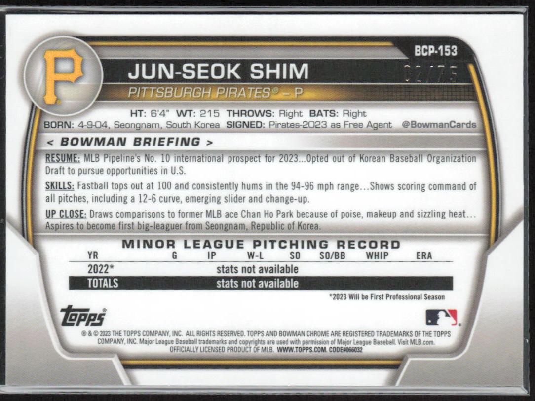 Jun-Seok Shim 2023 1st Bowman Chrome #BCP-153 Mojo Yellow Refractor /75