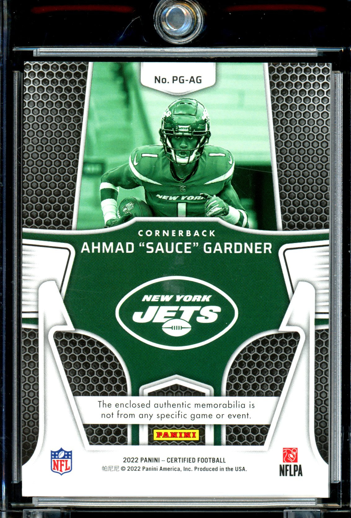 Ahmad "Sauce" Gardner 2022 Panini Certified #PG-AG Piece of the Game Red #/75