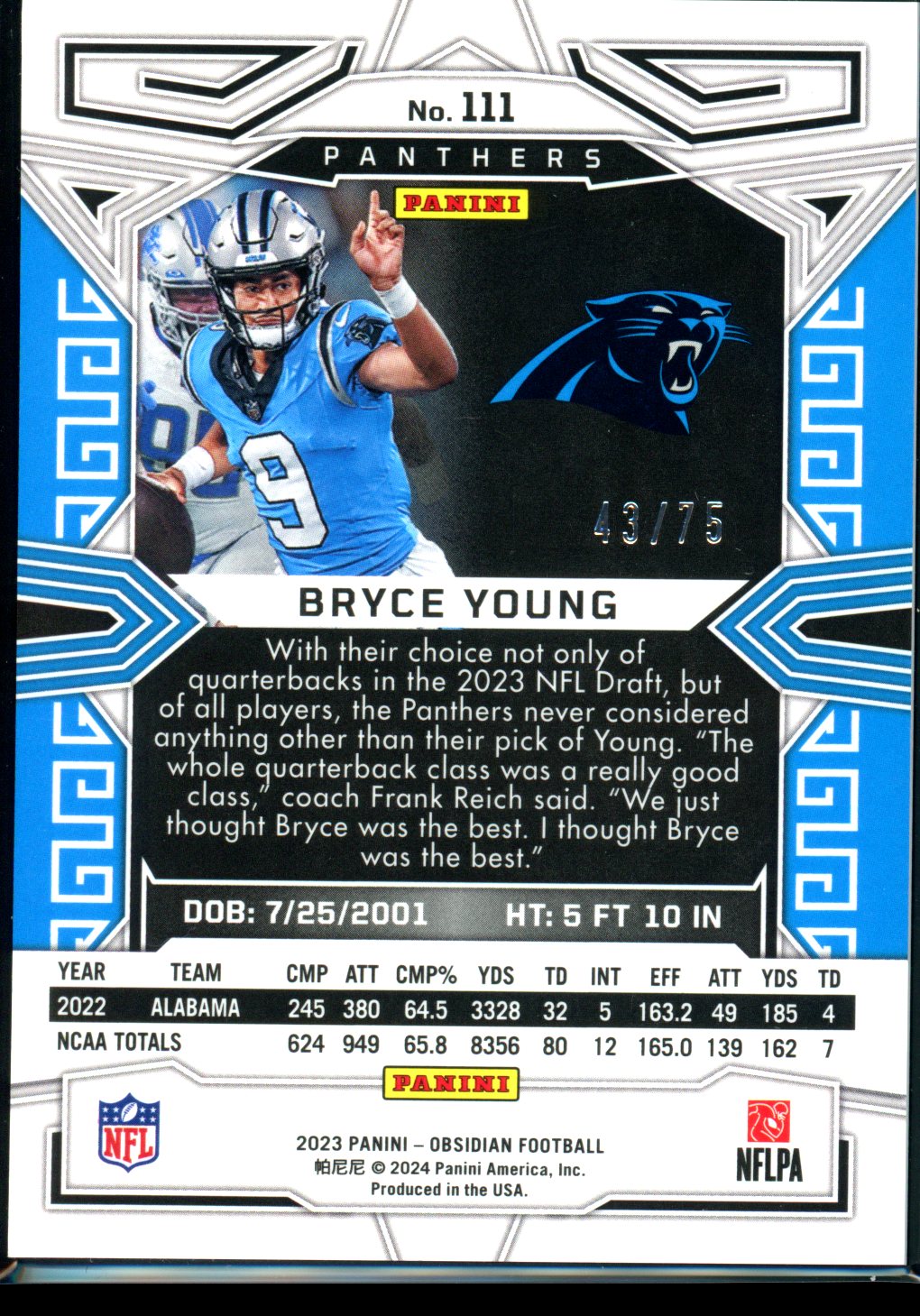 Bryce Young 2023 Panini Obsidian #111 Electric Etch Purple #/75