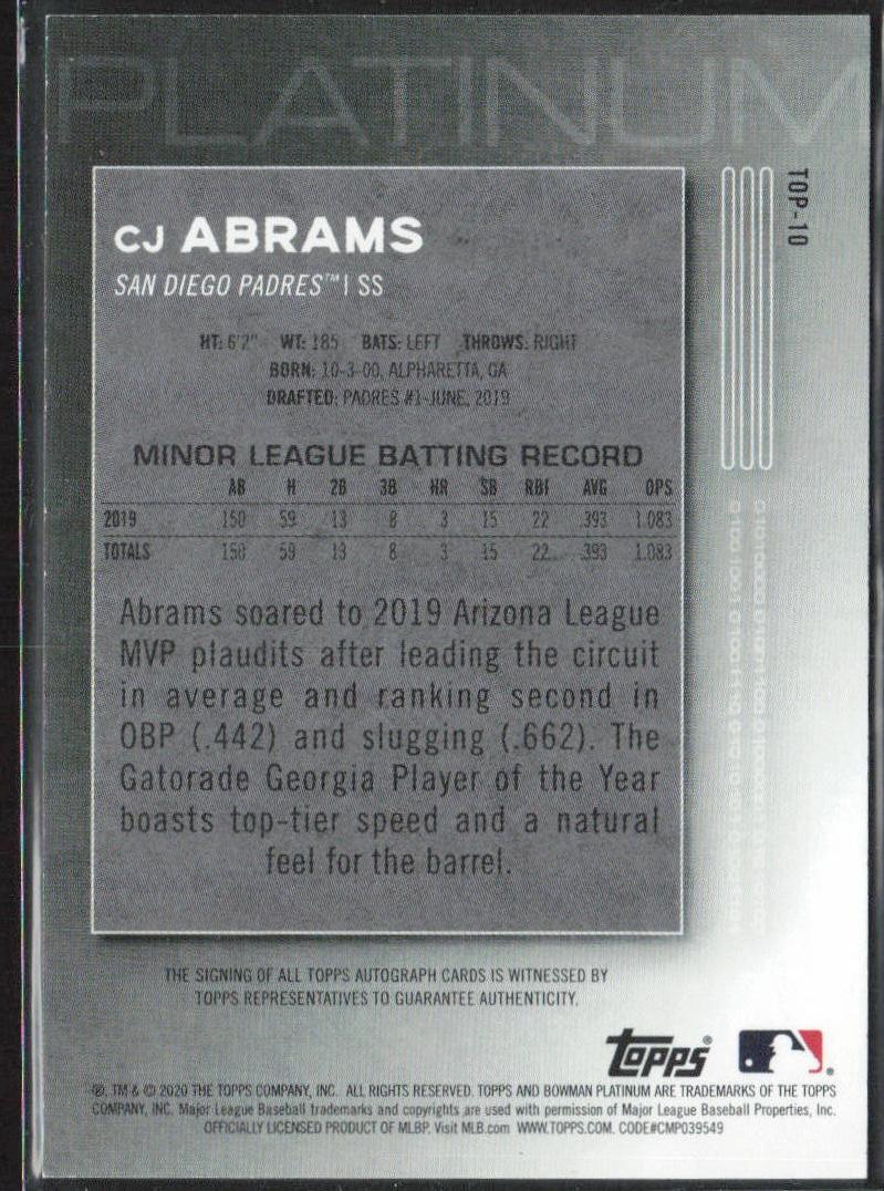 CJ Abrams 2020 Bowman Platinum #TOP-10 Top Prospect Autographs Blue #/150