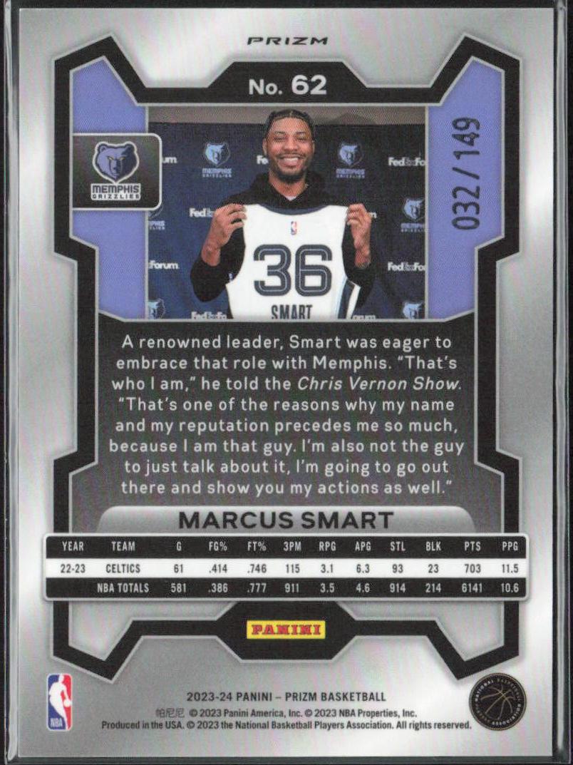 Marcus Smart 2023-24 Panini Prizm #62 Prizms Purple Ice #/149