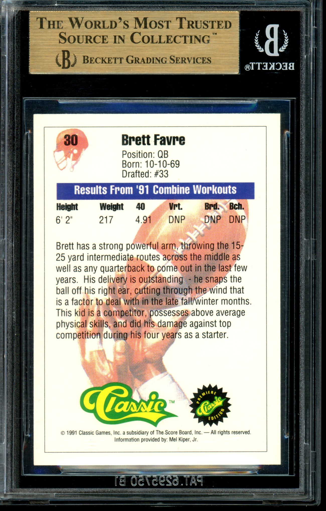 Brett Favre 1991 Classic #30 BGS 9.5