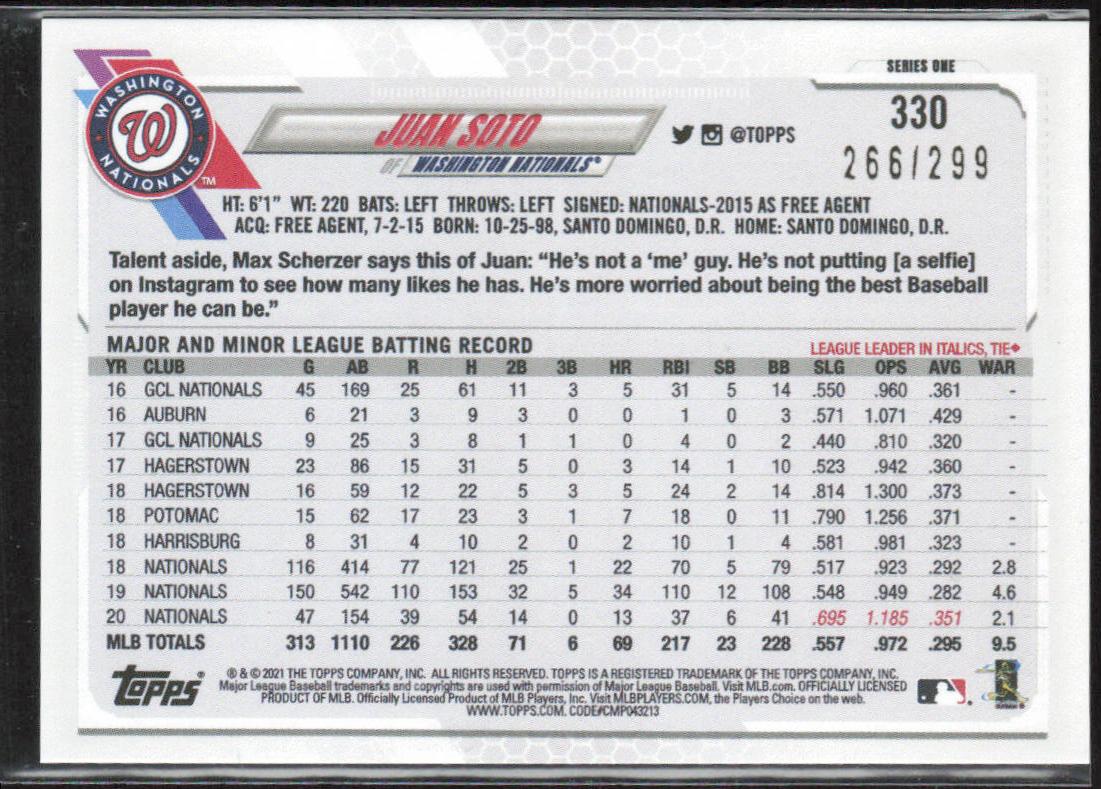 Juan Soto 2021 Topps #330 Orange #/299